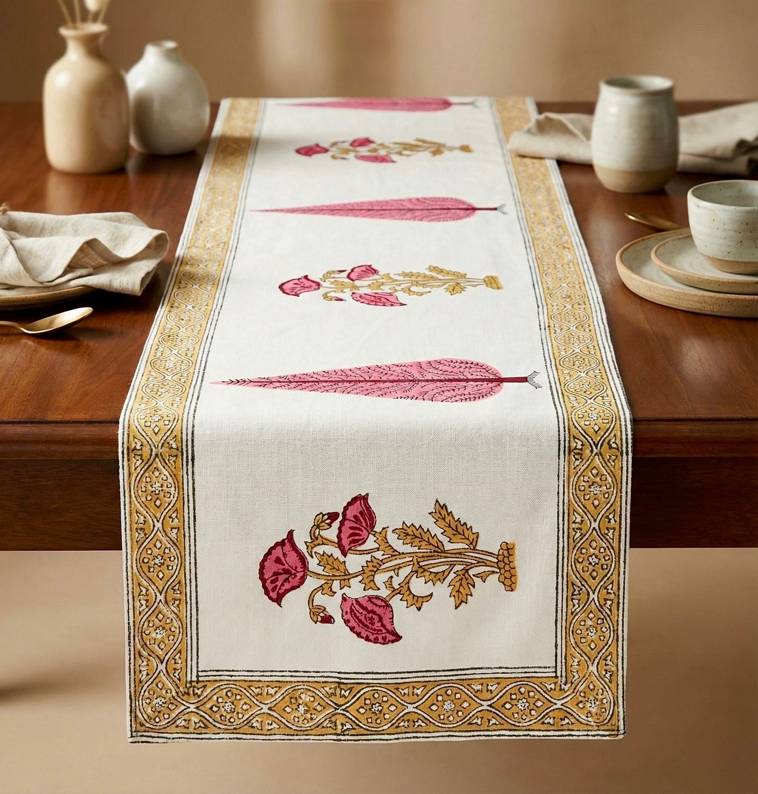 Pure cotton jute textured hand-block printed table runners 6 seater dining tables