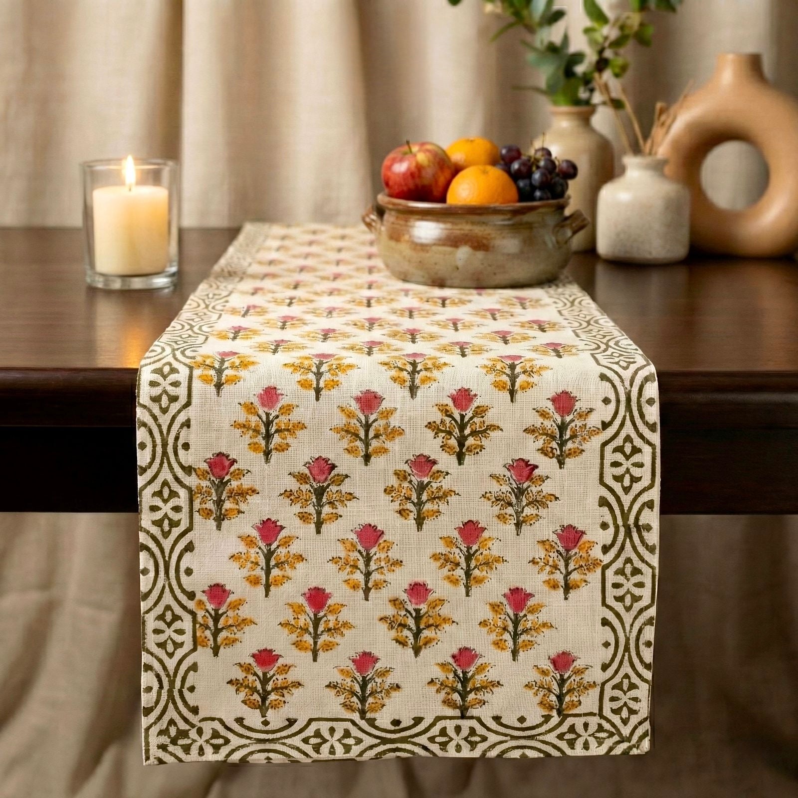 Pure cotton jute textured hand-block printed table runners 6 seater dining tables