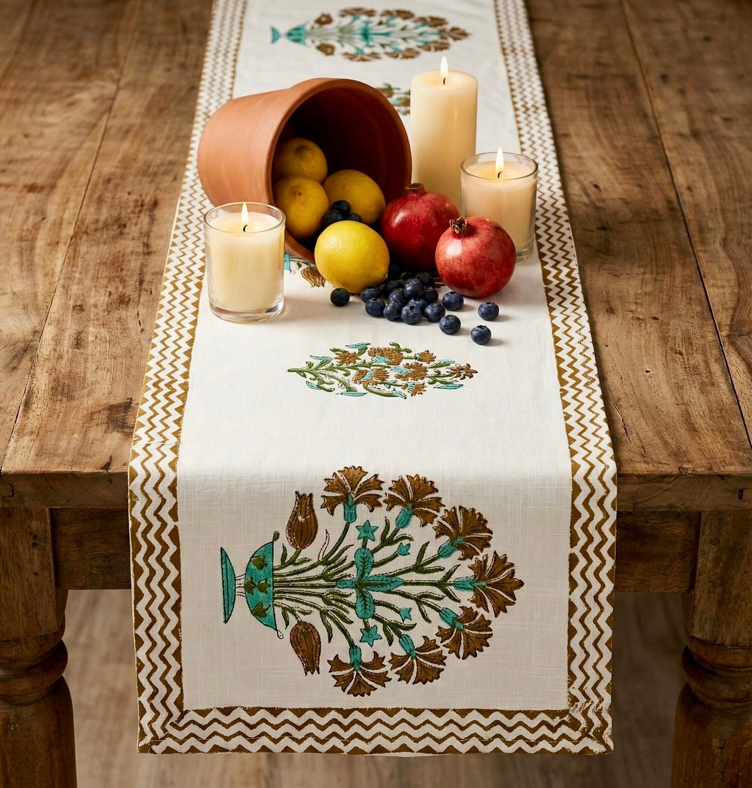 Pure cotton jute textured hand-block printed table runners 6 seater dining tables