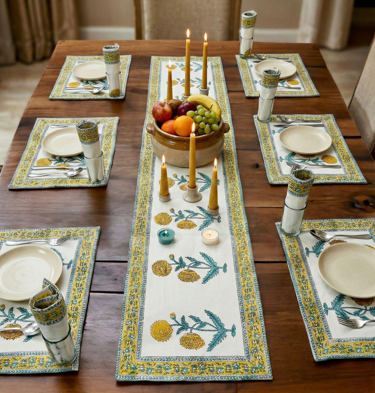 Pure cotton hand block printed placemats, runner and napkin combo for 6 seater dining table