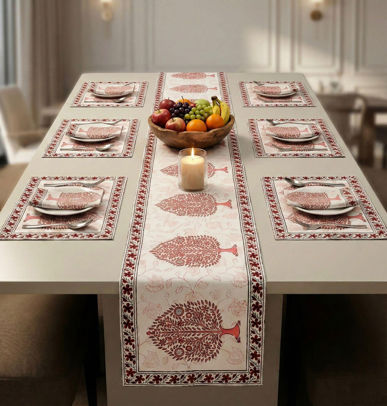 Pure cotton hand block printed placemats, runner and napkin combo for 6 seater dining table