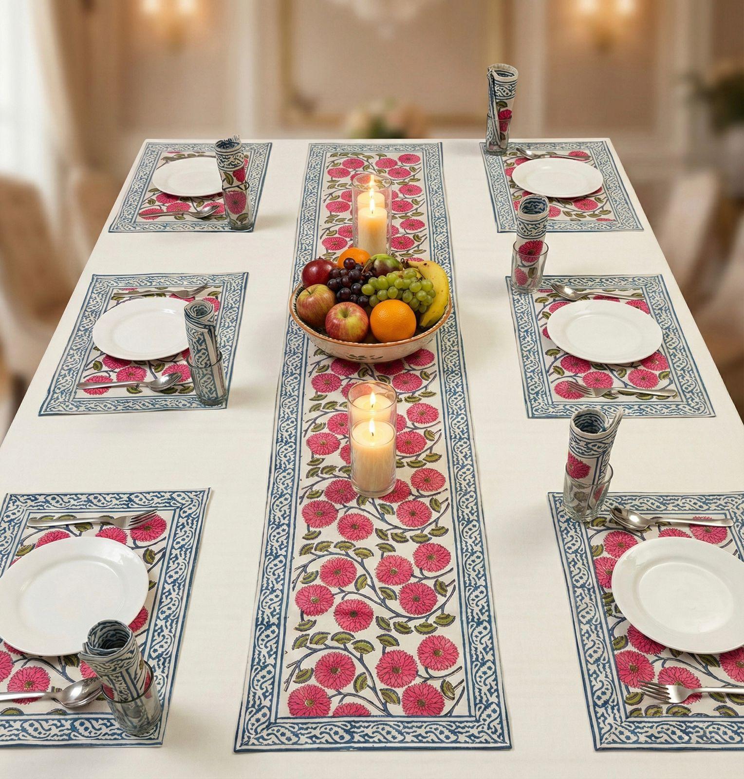 Pure cotton hand block printed placemats, runner and napkin combo for 6 seater dining table