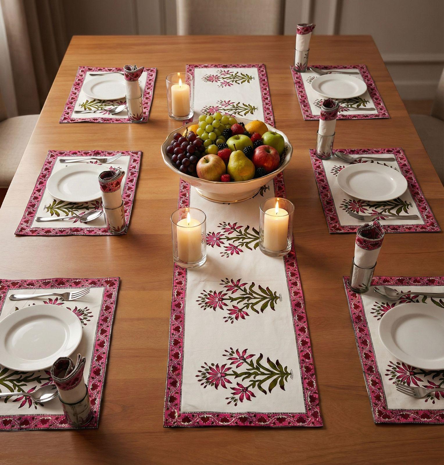 Pure cotton hand block printed placemats, runner and napkin combo for 6 seater dining table