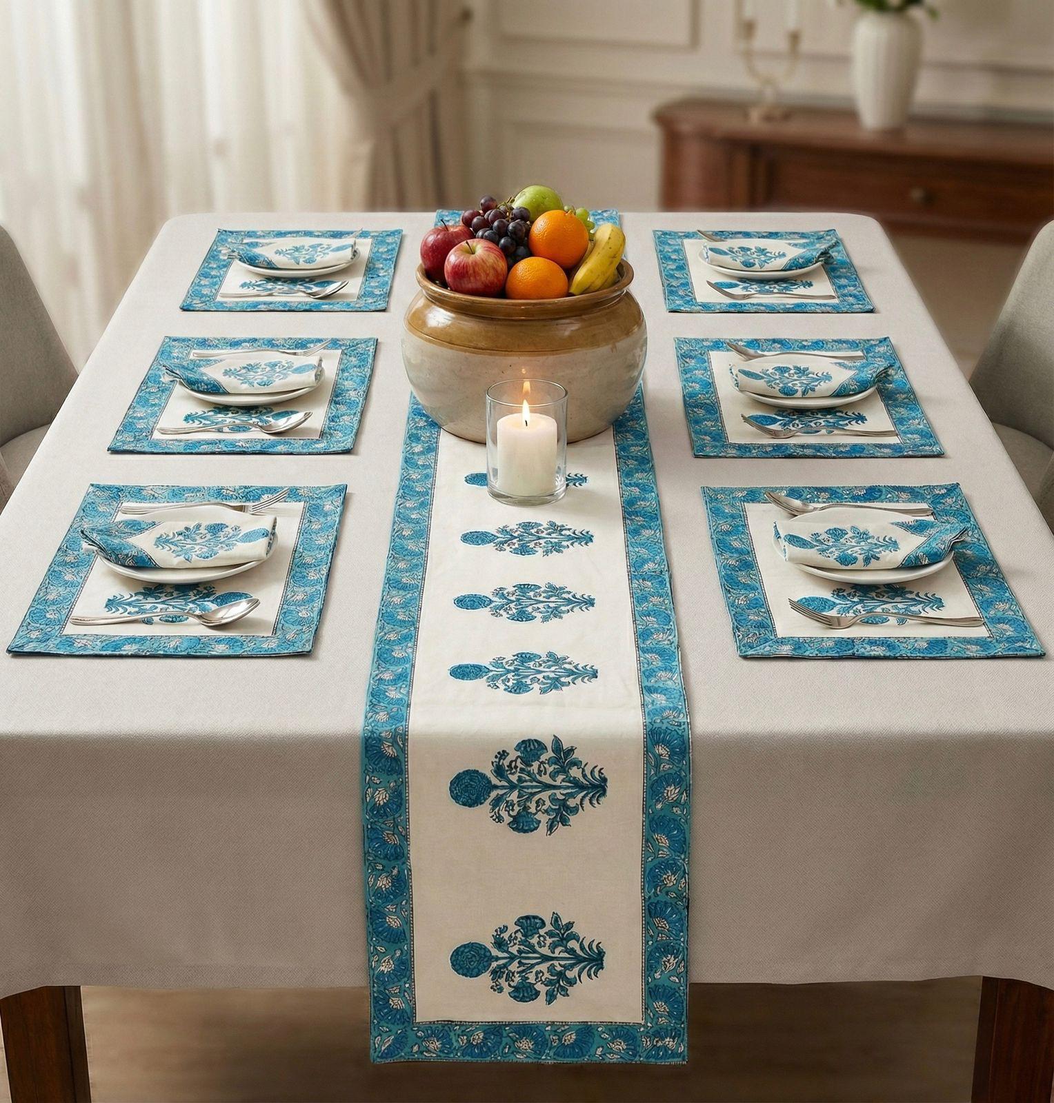Pure cotton hand block printed placemats, runner and napkin combo for 6 seater dining table