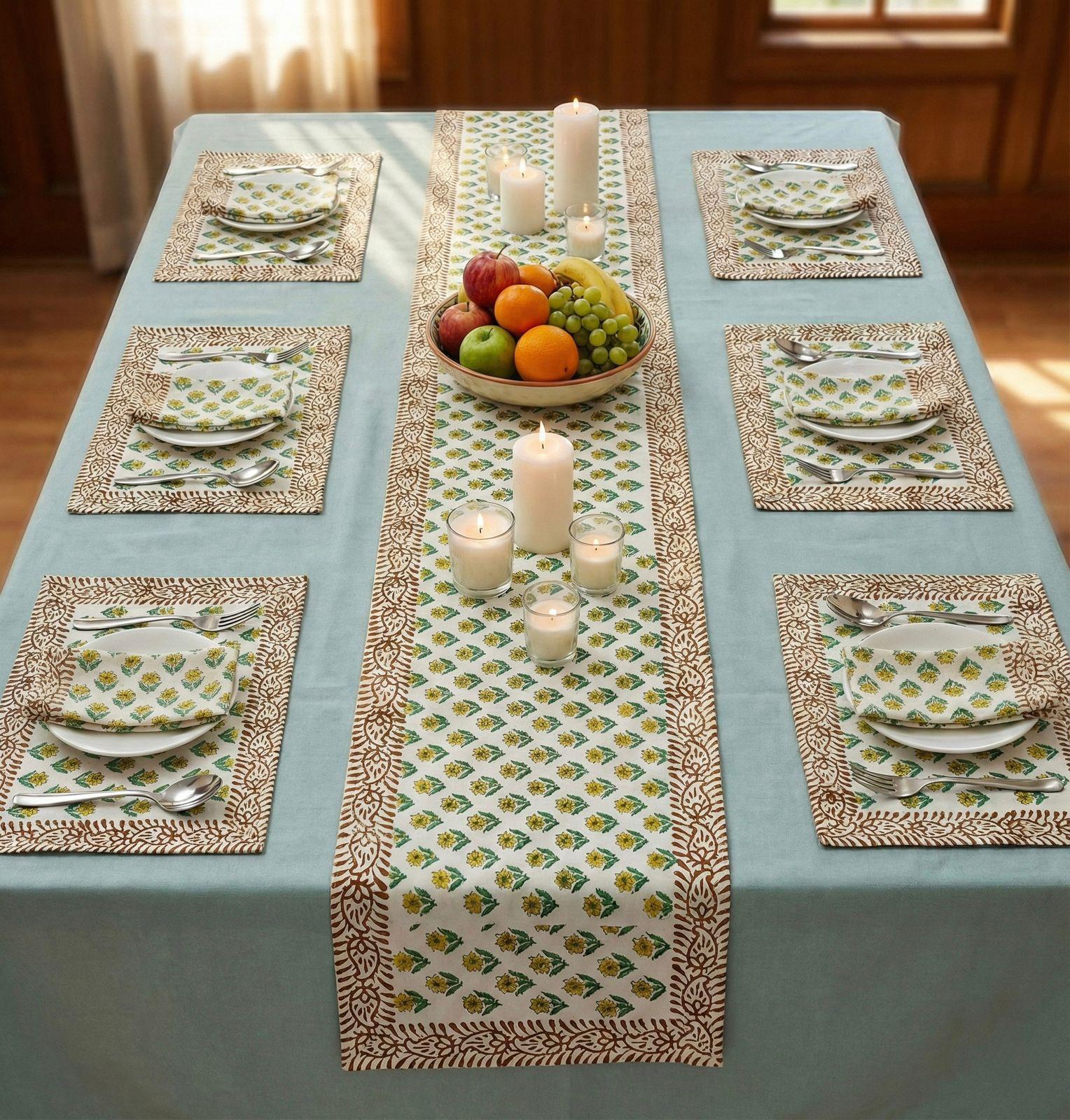 Pure cotton hand block printed placemats, runner and napkin combo for 6 seater dining table