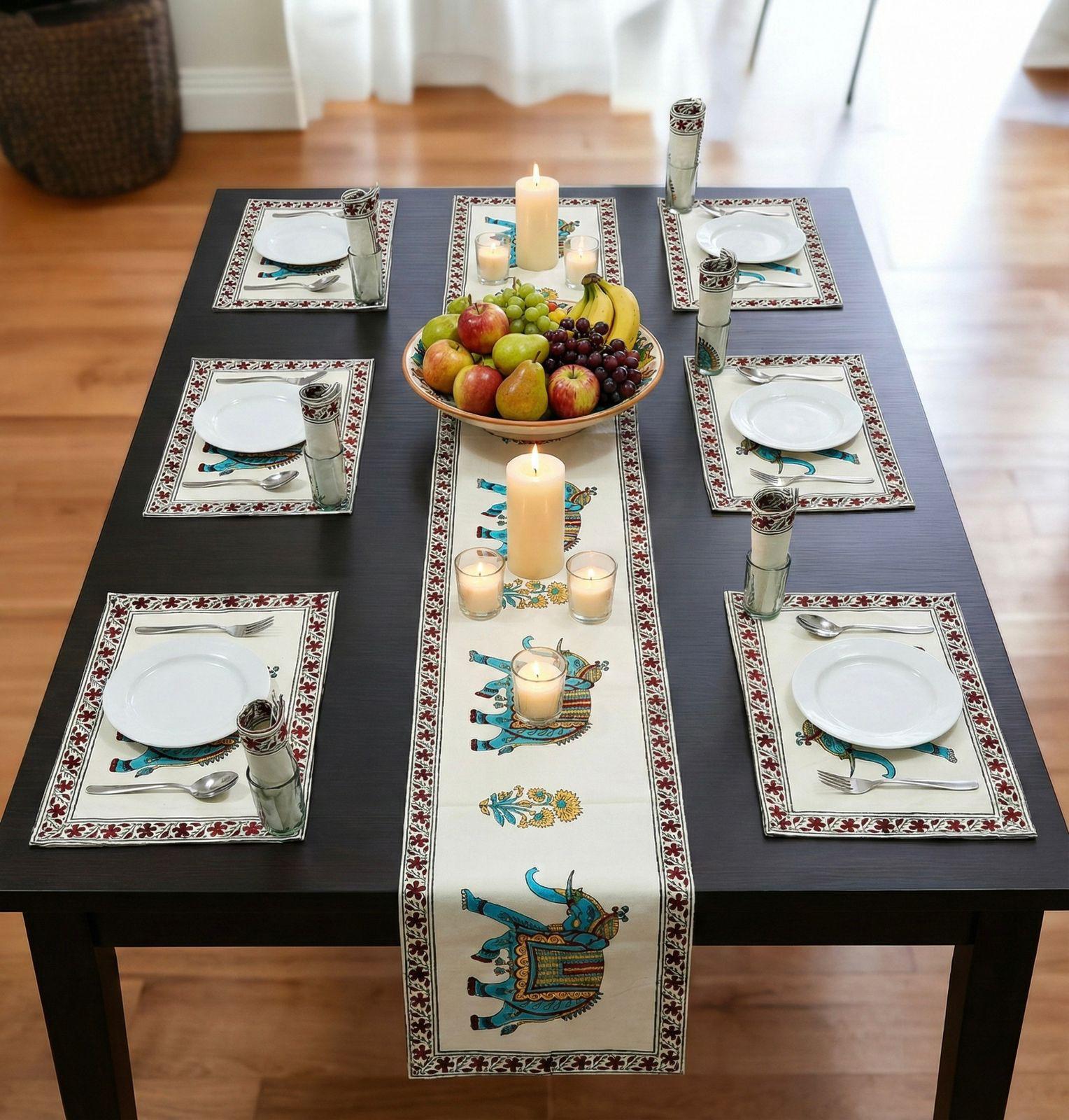 Pure cotton hand block printed placemats, runner and napkin combo for 6 seater dining table
