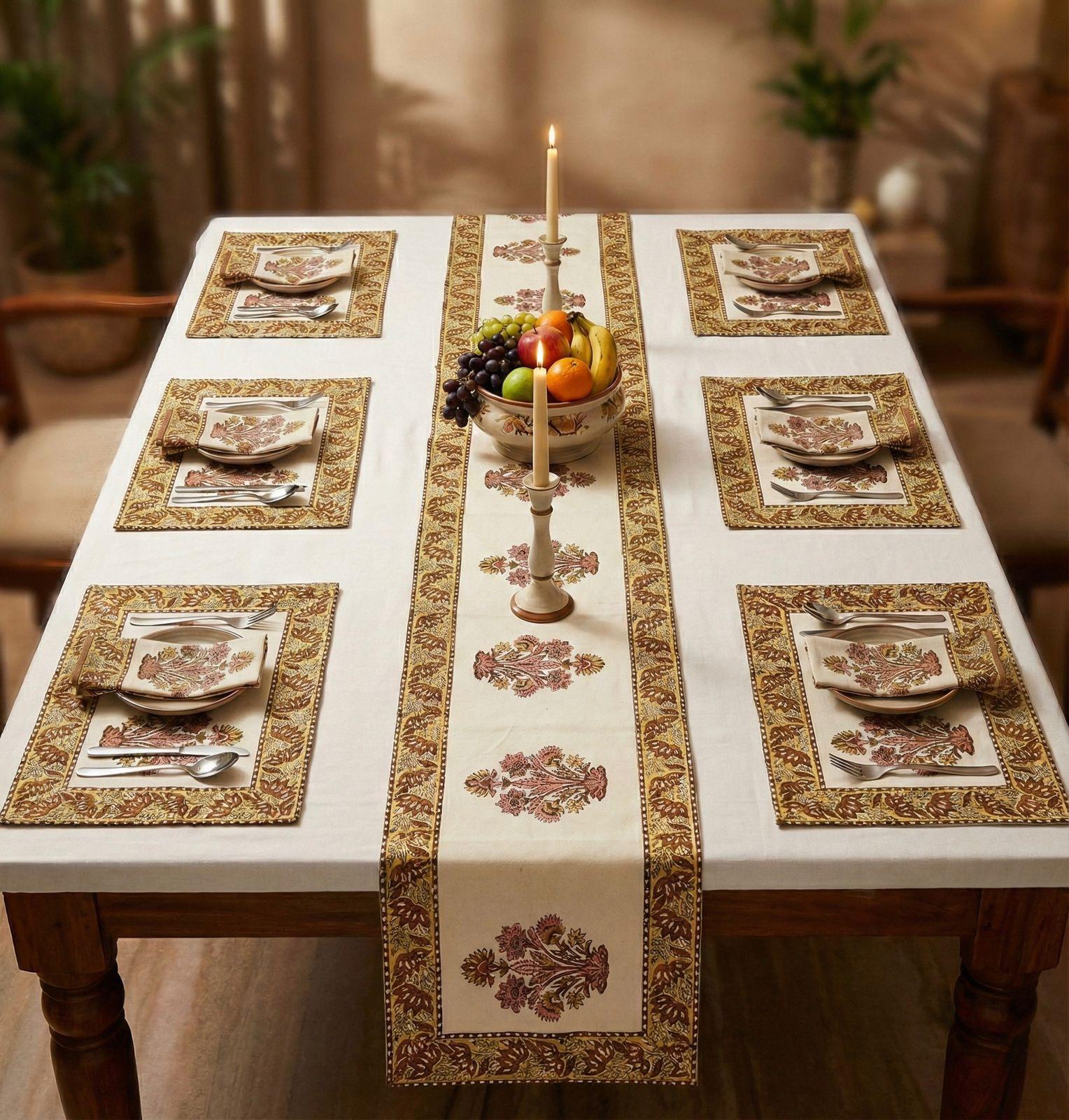 Pure cotton hand block printed placemats, runner and napkin combo for 6 seater dining table