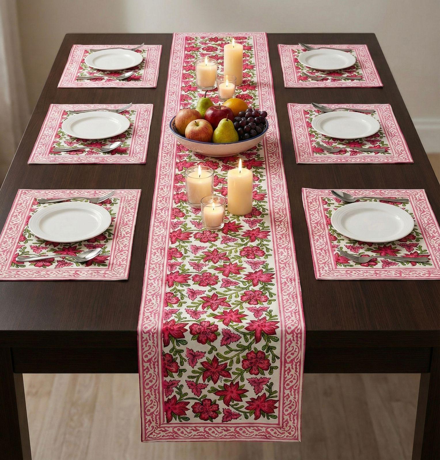 Pure cotton hand block printed placemats, runner and napkin combo for 6 seater dining table