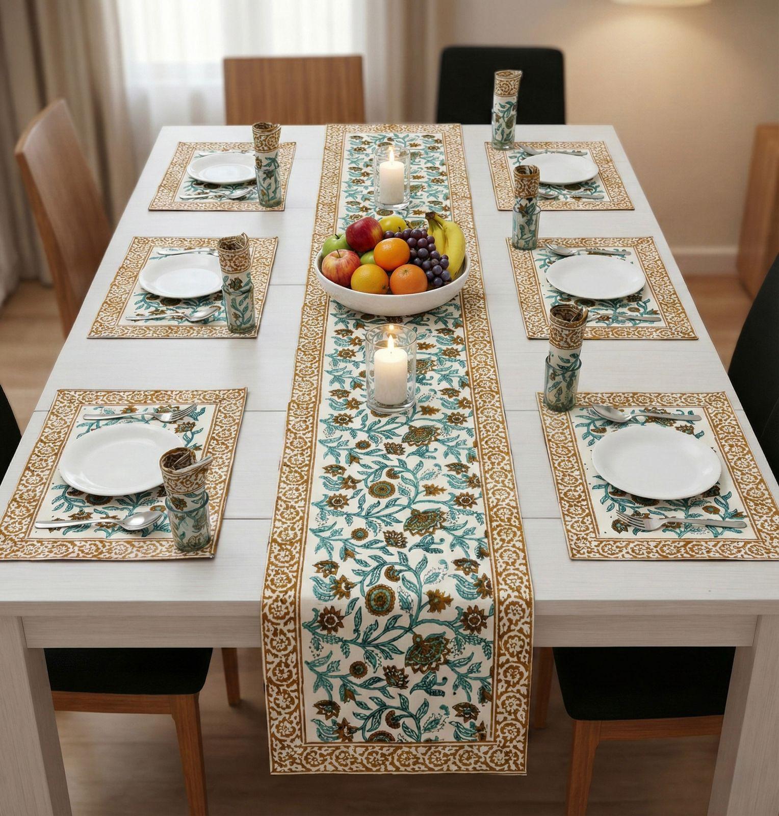 Pure cotton hand block printed placemats, runner and napkin combo for 6 seater dining table
