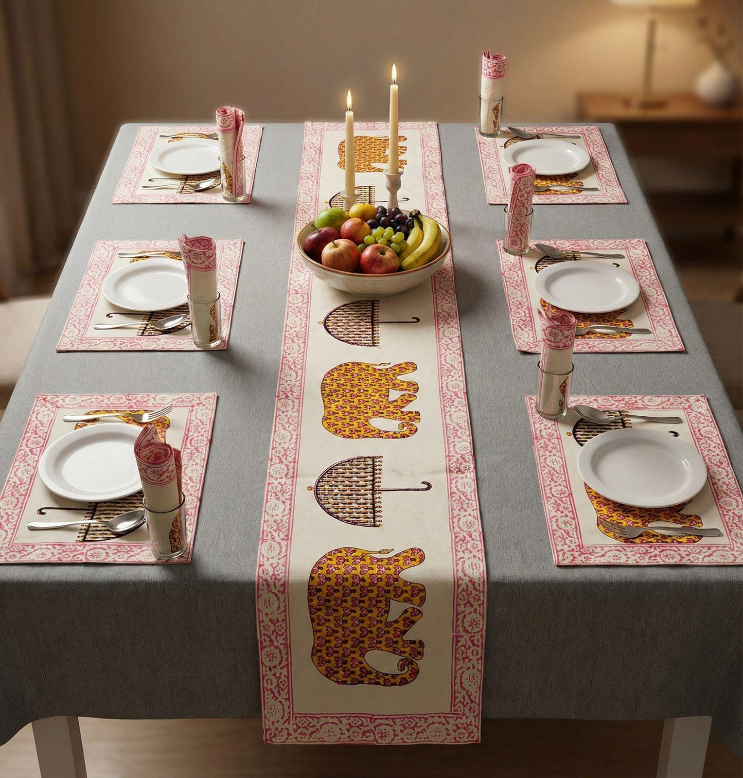 Pure cotton hand block printed placemats, runner and napkin combo for 6 seater dining table