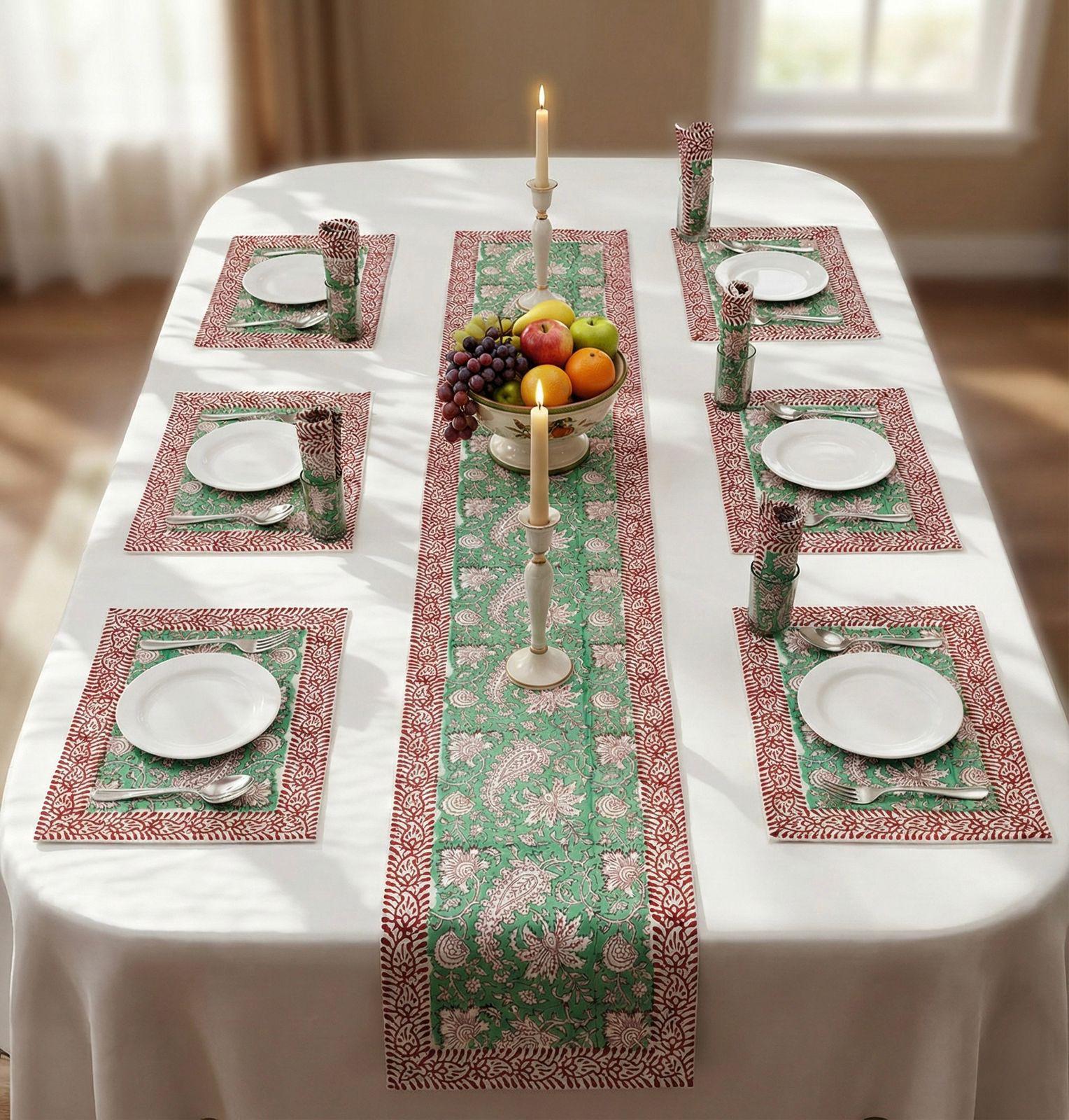 Pure cotton hand block printed placemats, runner and napkin combo for 6 seater dining table