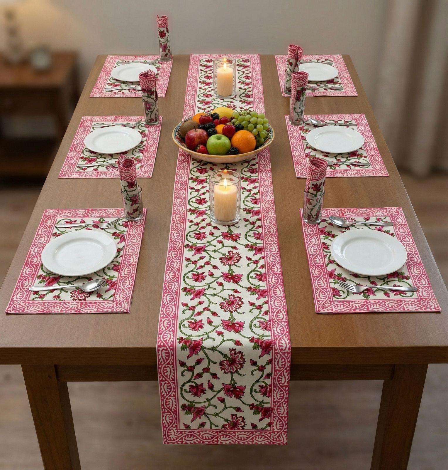 Pure cotton hand block printed placemats, runner and napkin combo for 6 seater dining table