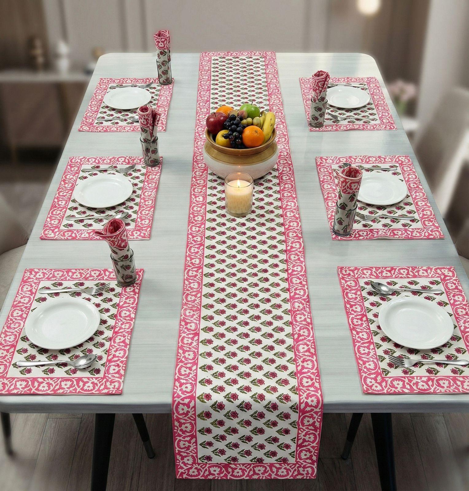 Pure cotton hand block printed placemats, runner and napkin combo for 6 seater dining table