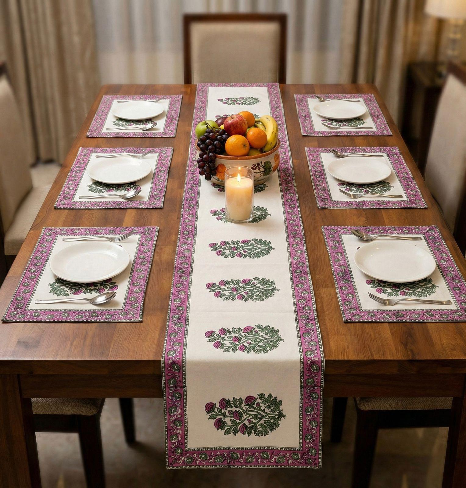 Pure cotton hand block printed placemats, runner and napkin combo for 6 seater dining table