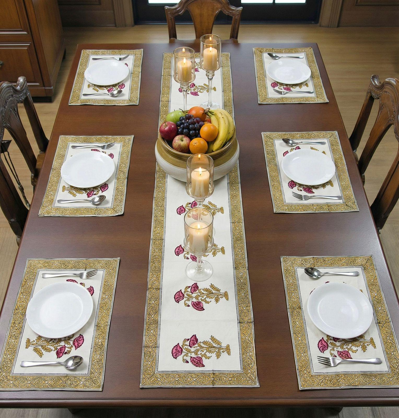 Pure cotton hand block printed placemats, runner and napkin combo for 6 seater dining table