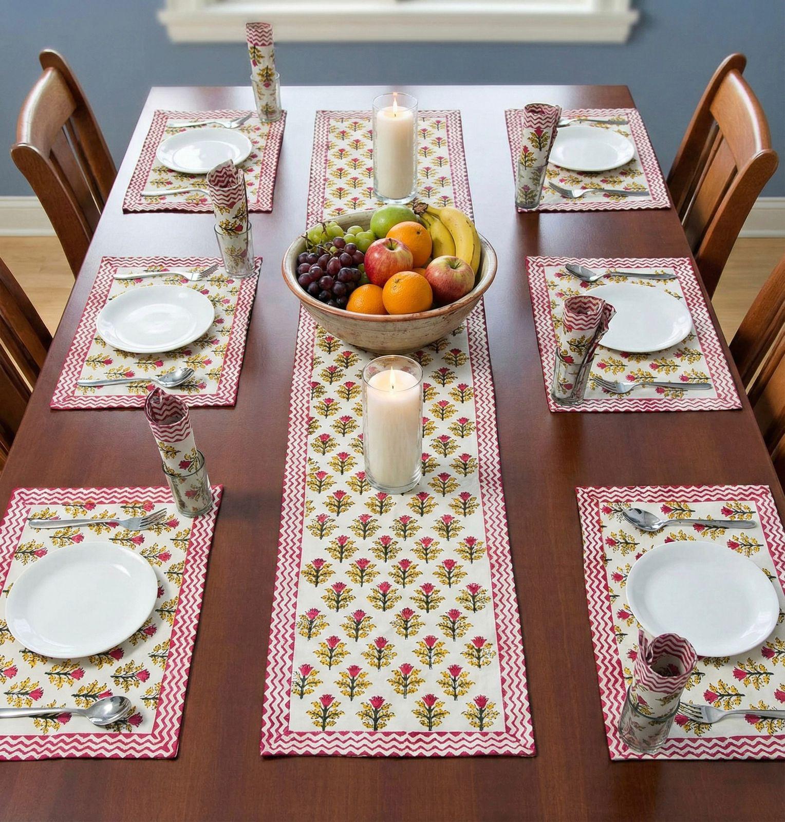Pure cotton hand block printed placemats, runner and napkin combo for 6 seater dining table