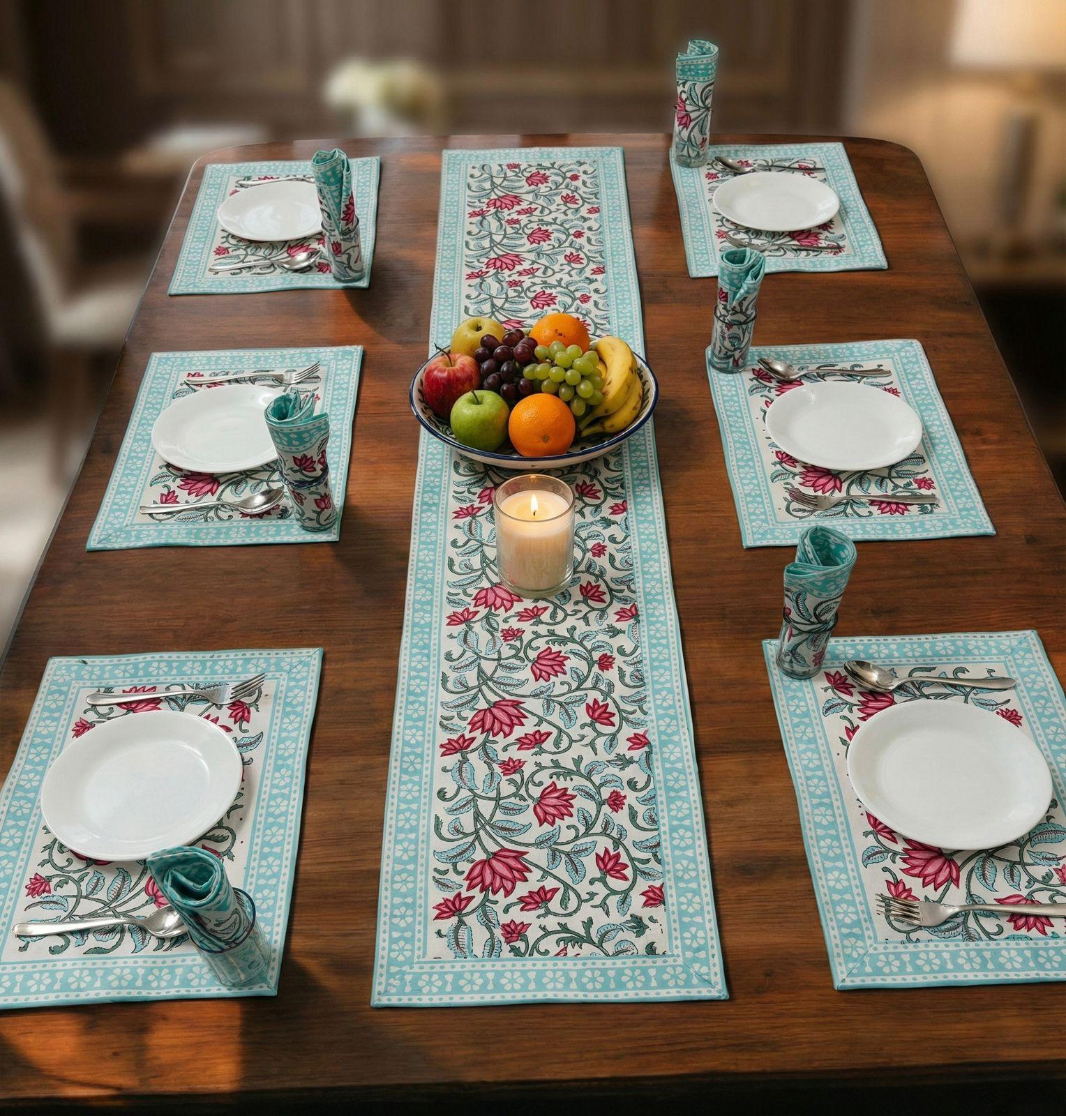 Pure cotton hand block printed placemats, runner and napkin combo for 6 seater dining table