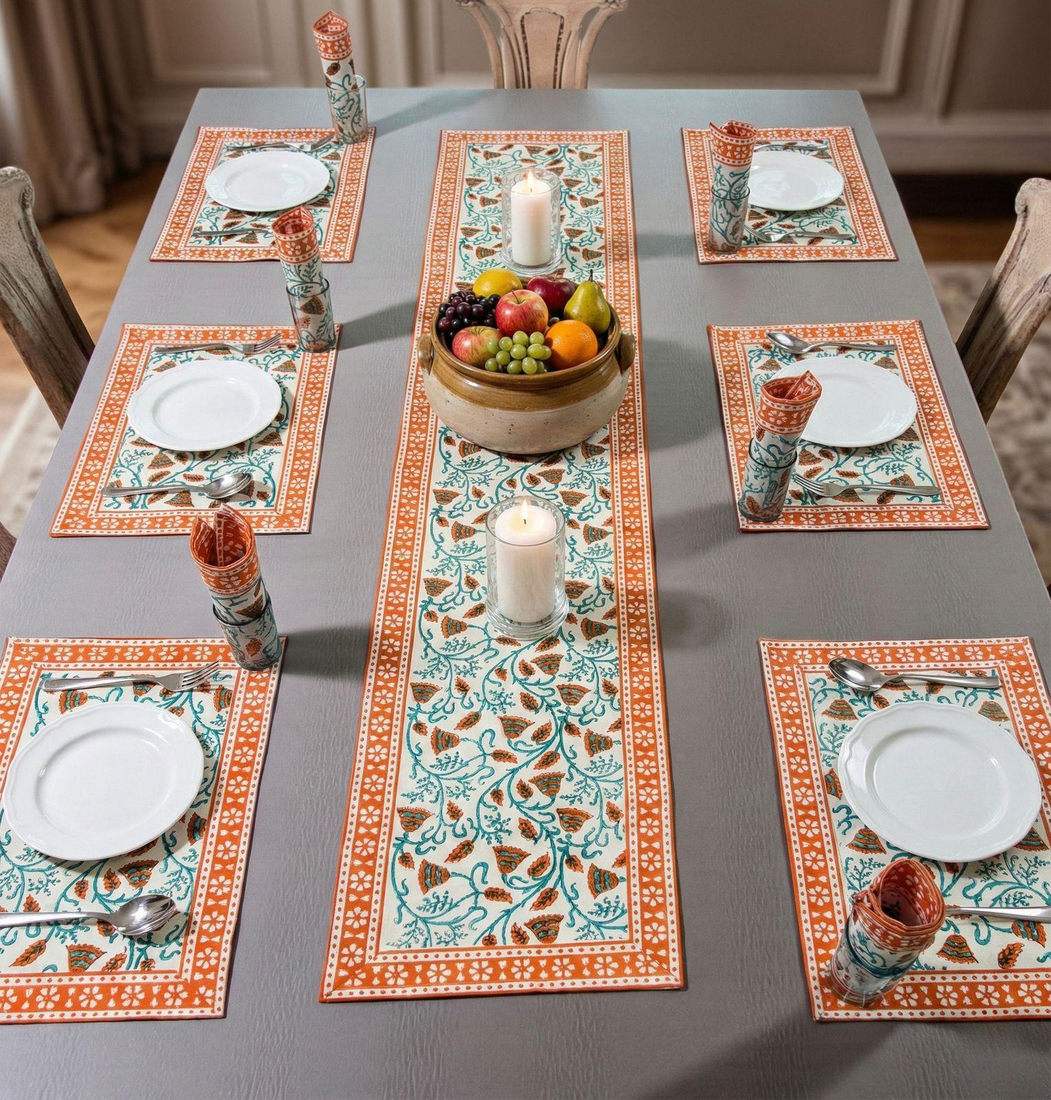 Pure cotton hand block printed placemats, runner and napkin combo for 6 seater dining table