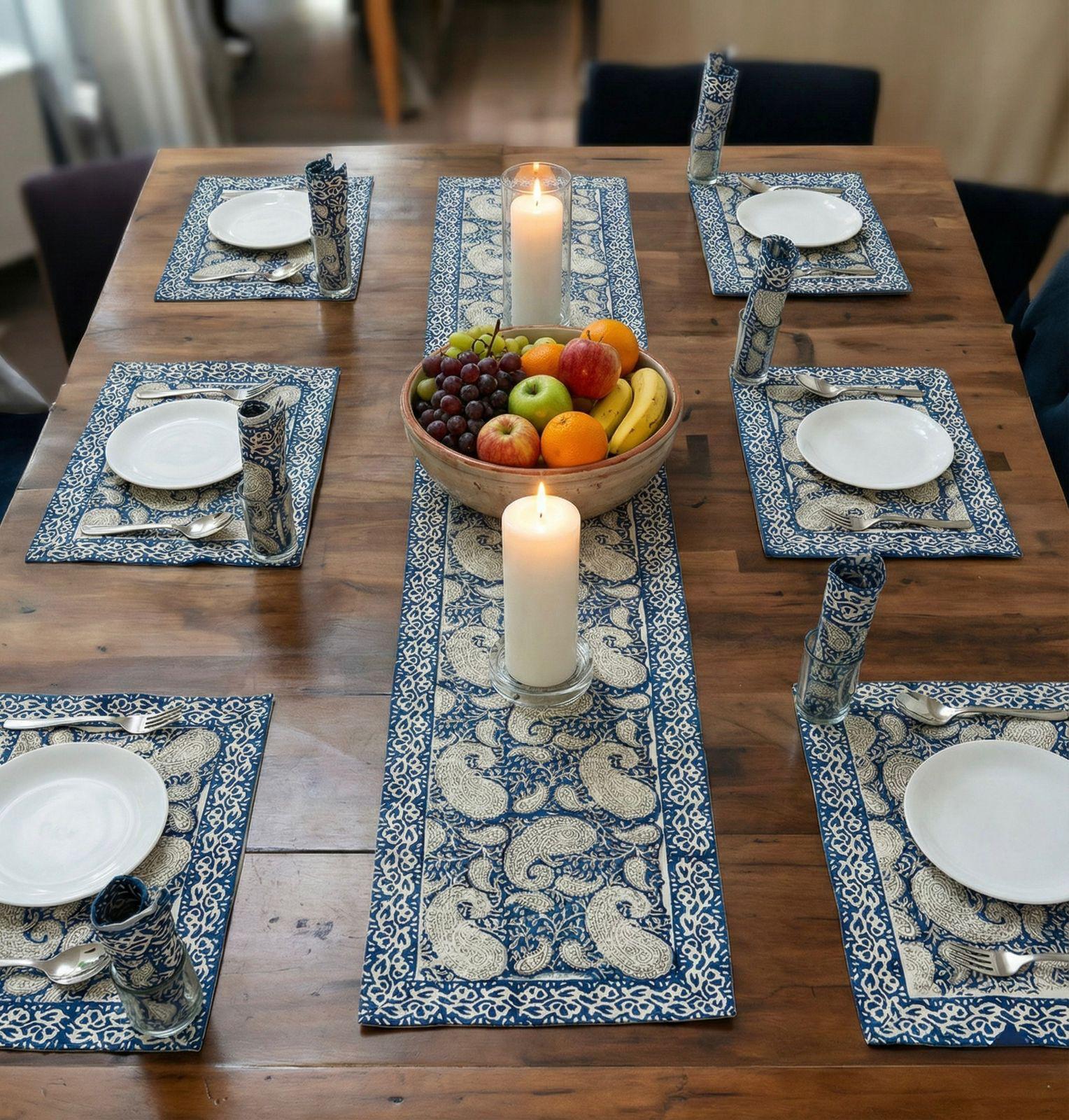 Pure cotton hand block printed placemats, runner and napkin combo for 6 seater dining table