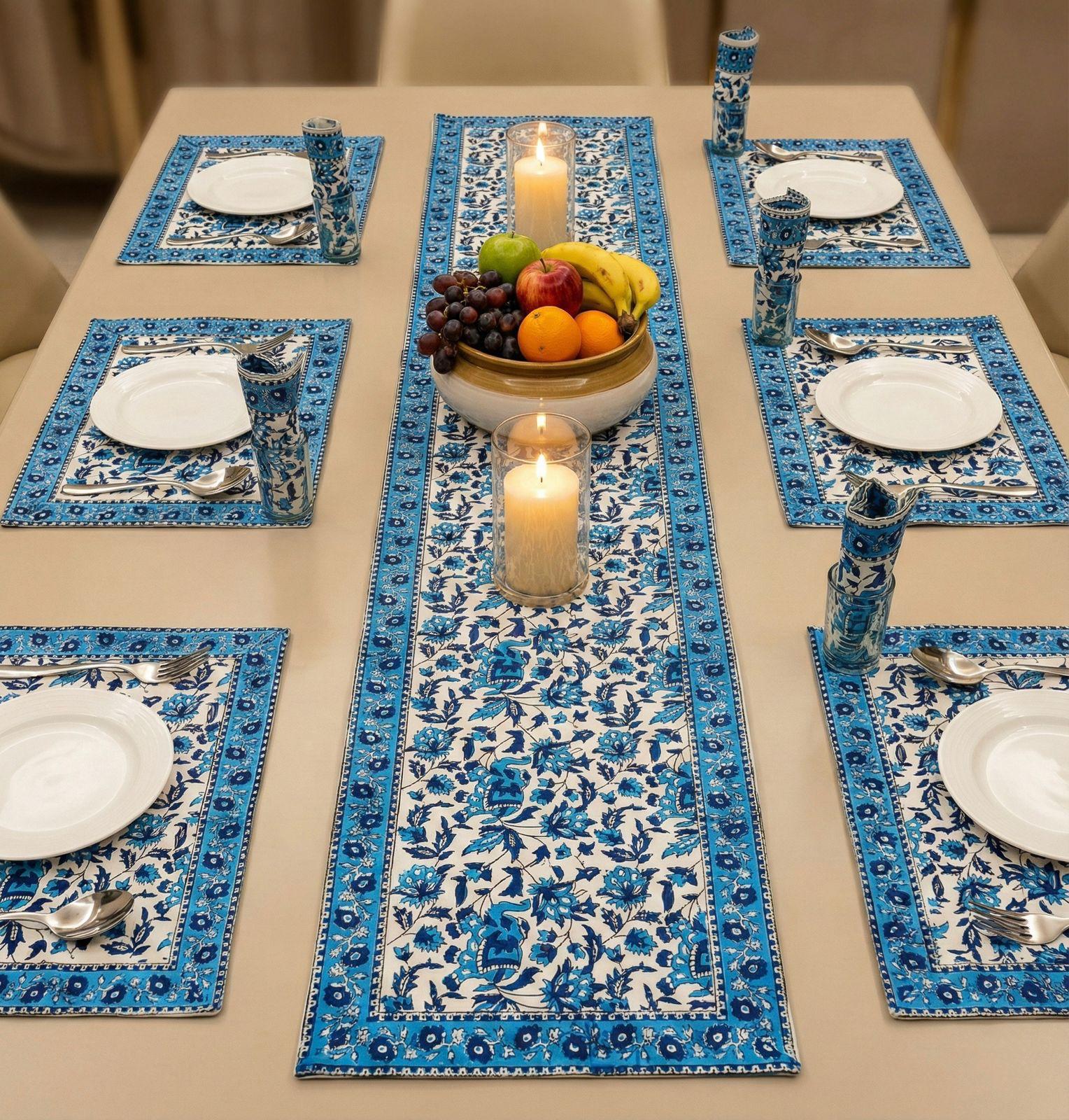 Pure cotton hand block printed placemats, runner and napkin combo for 6 seater dining table