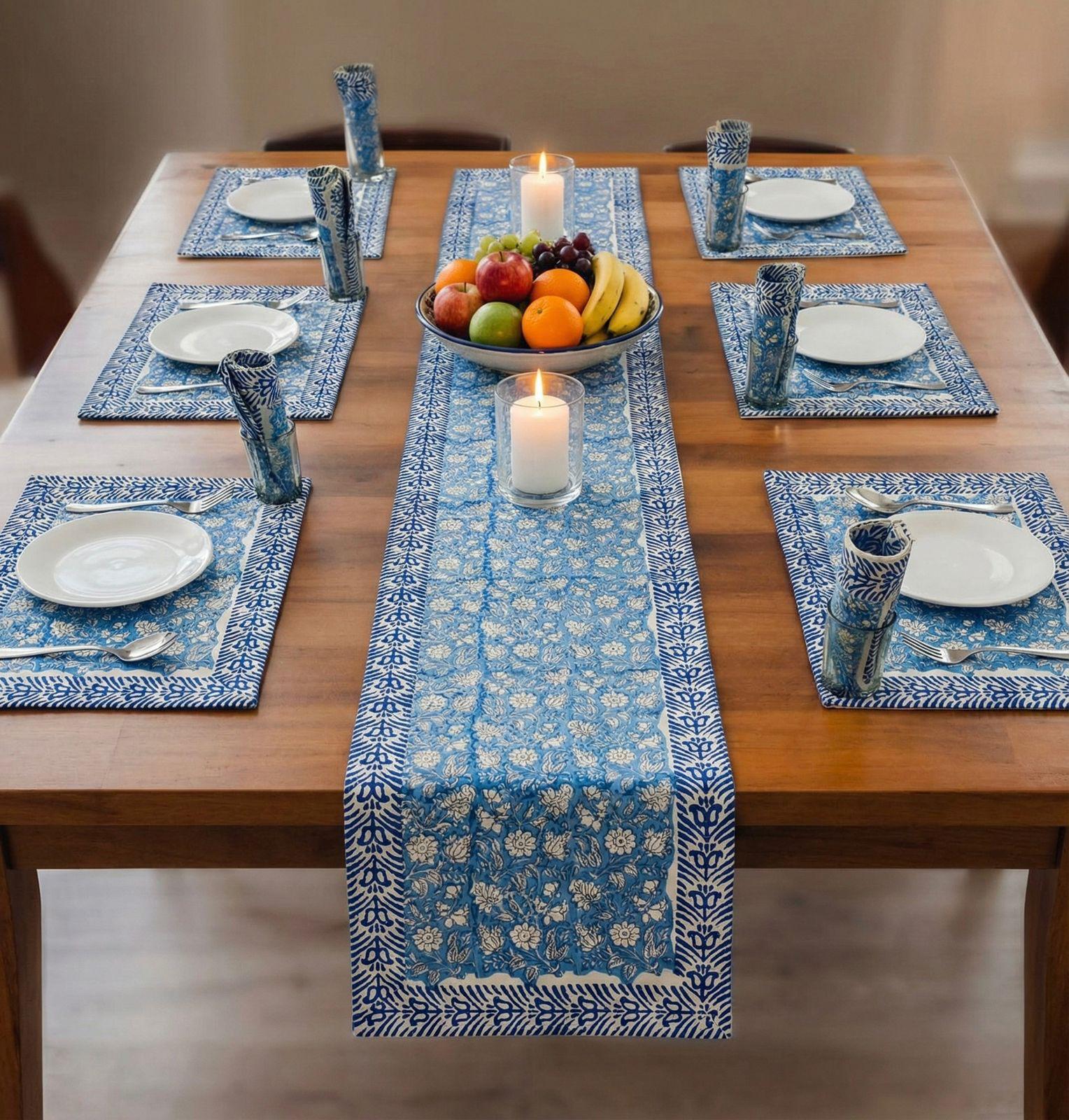 Pure cotton hand block printed placemats, runner and napkin combo for 6 seater dining table