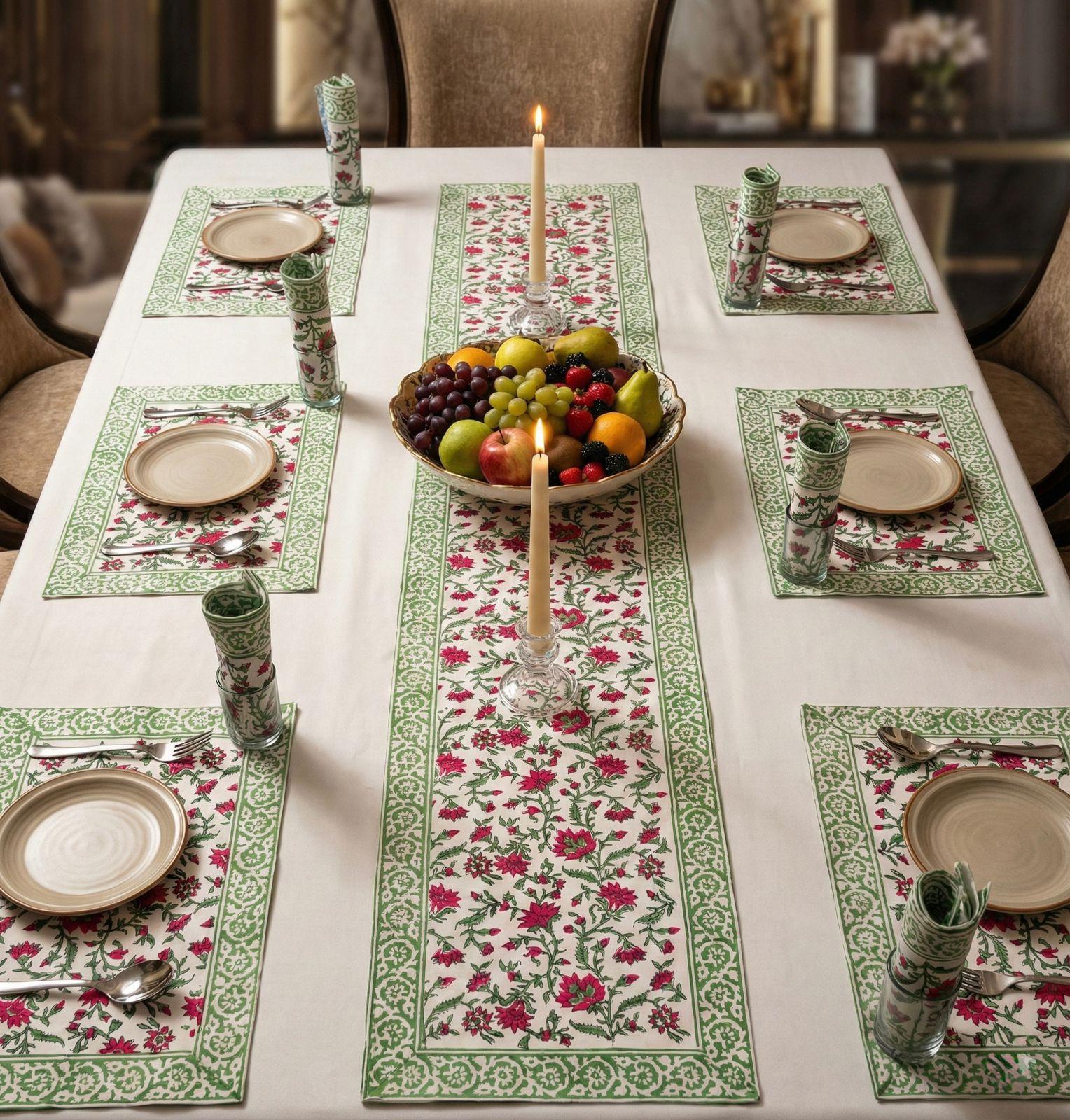 Pure cotton hand block printed placemats, runner and napkin combo for 6 seater dining table