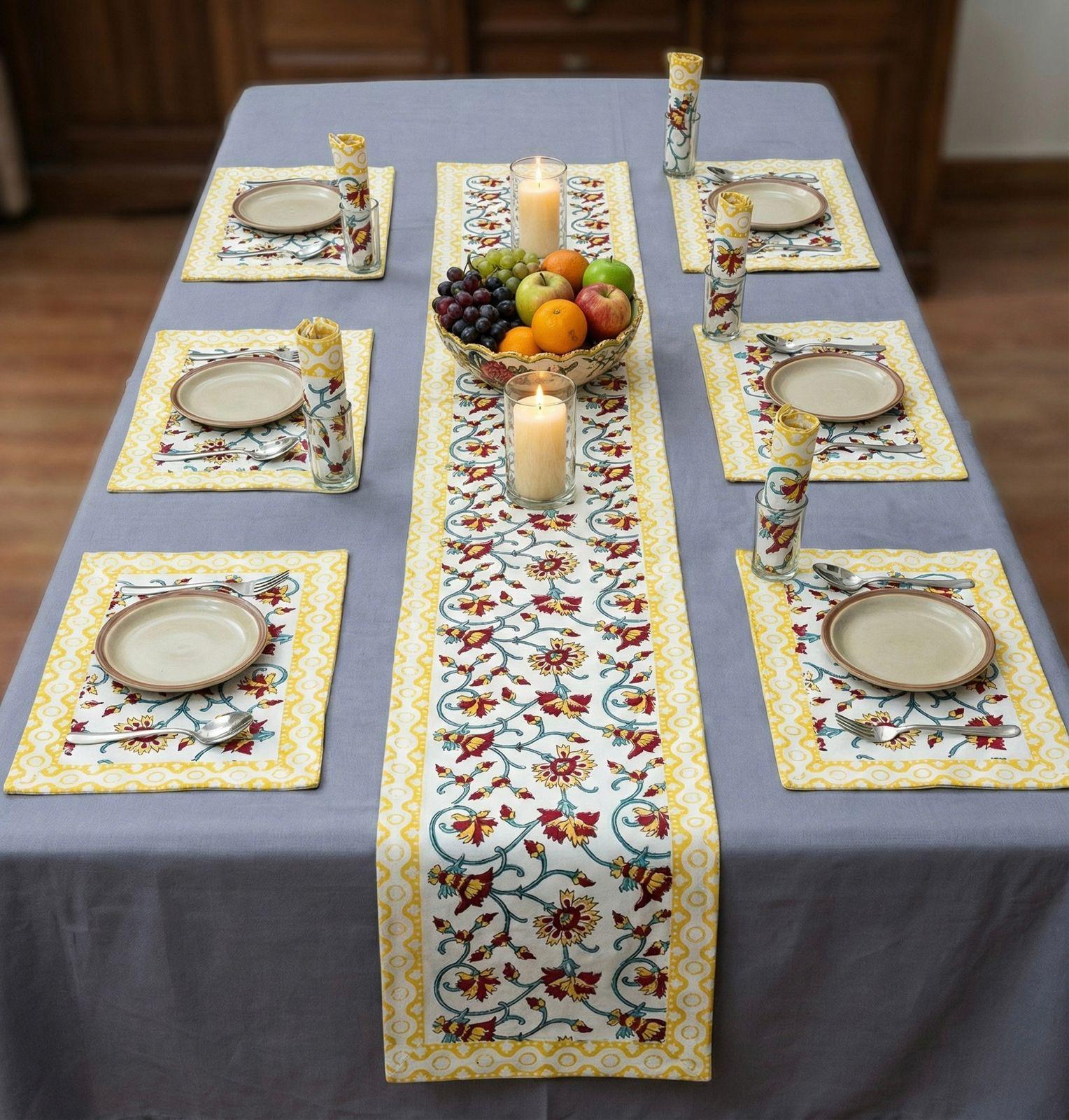 Pure cotton hand block printed placemats, runner and napkin combo for 6 seater dining table