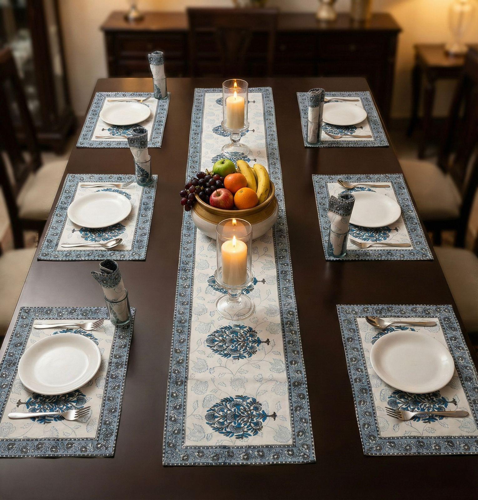 Pure cotton hand block printed placemats, runner and napkin combo for 6 seater dining table