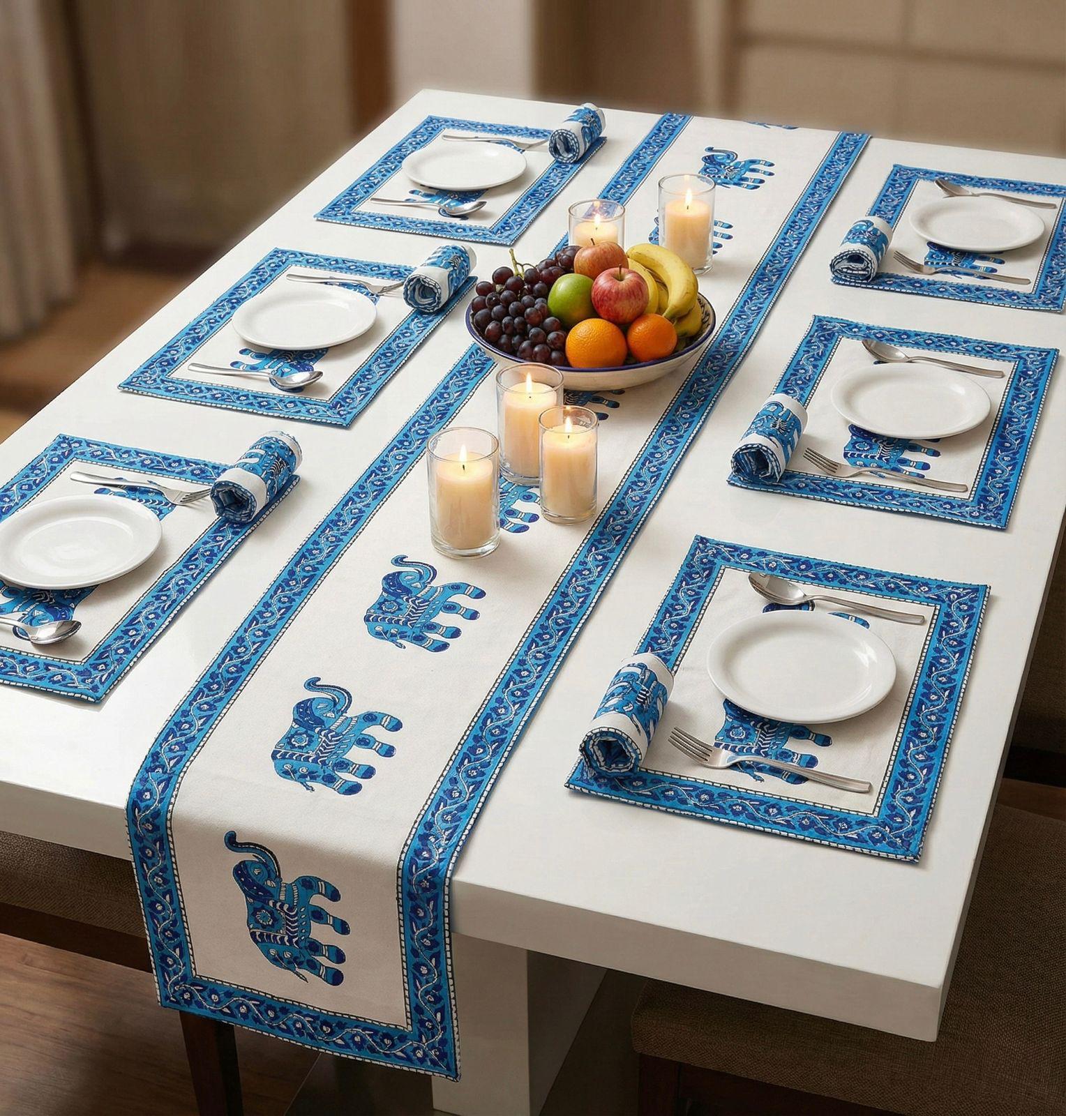 Pure cotton hand block printed placemats, runner and napkin combo for 6 seater dining table