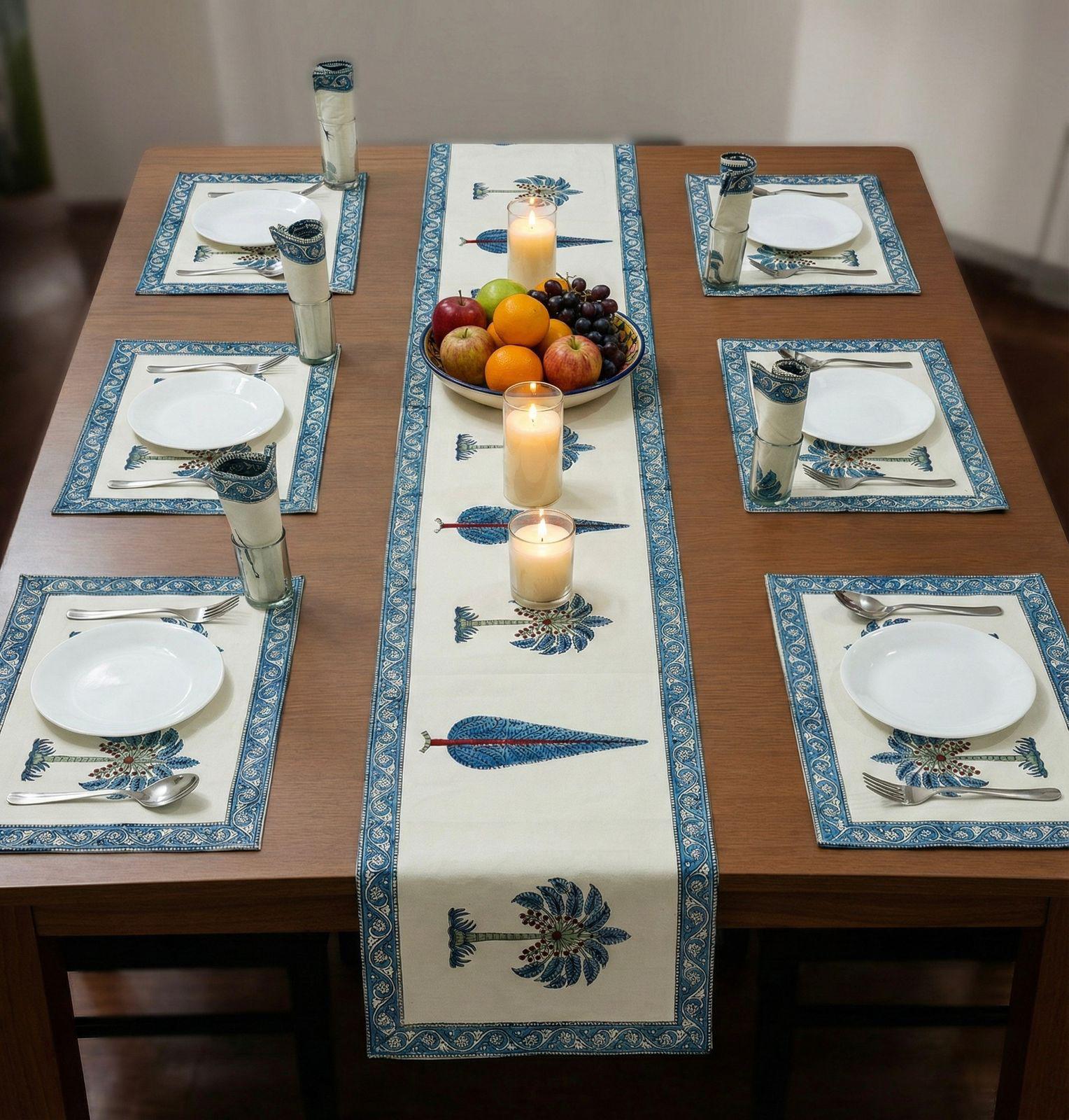 Pure cotton hand block printed placemats, runner and napkin combo for 6 seater dining table