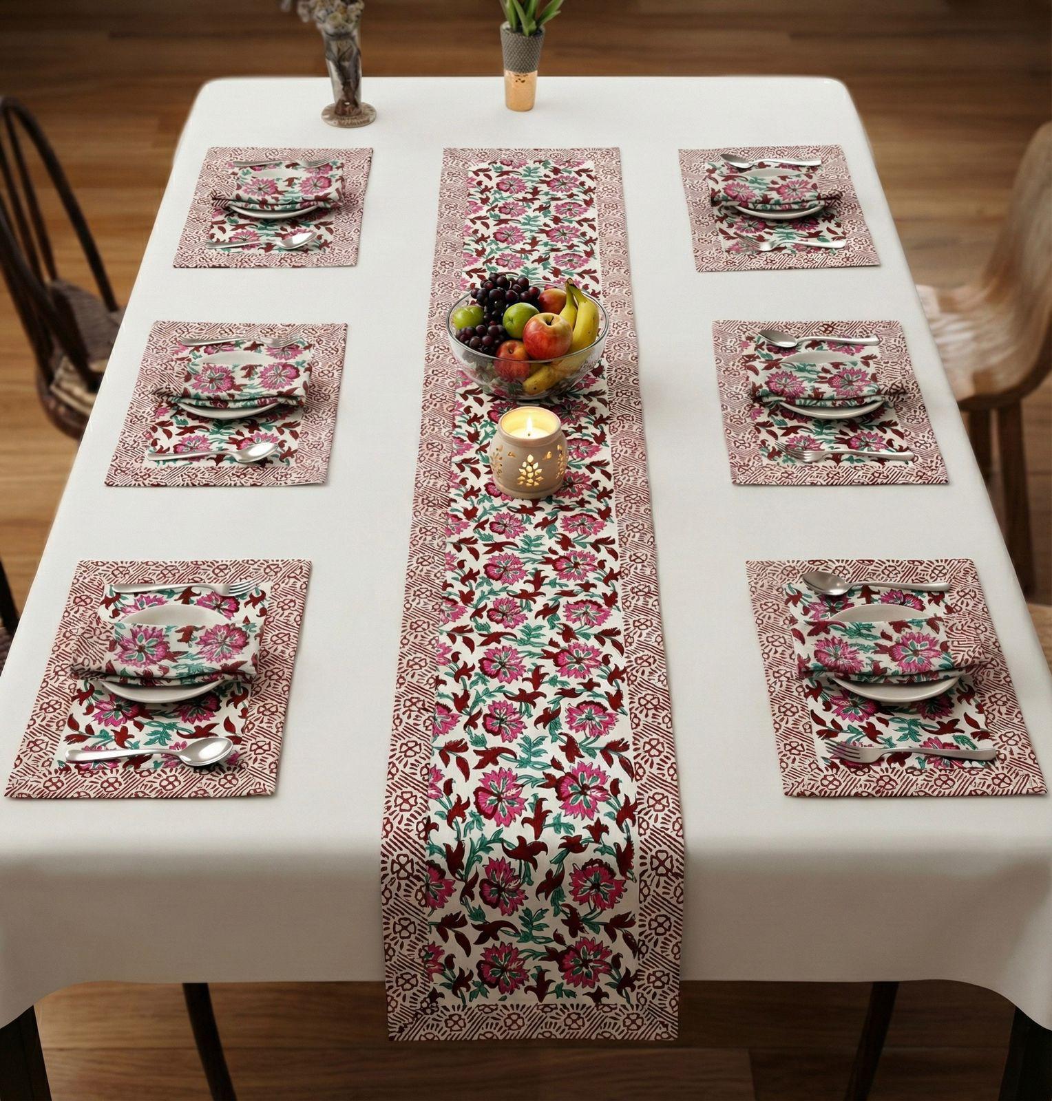 Pure cotton hand block printed placemats, runner and napkin combo for 6 seater dining table