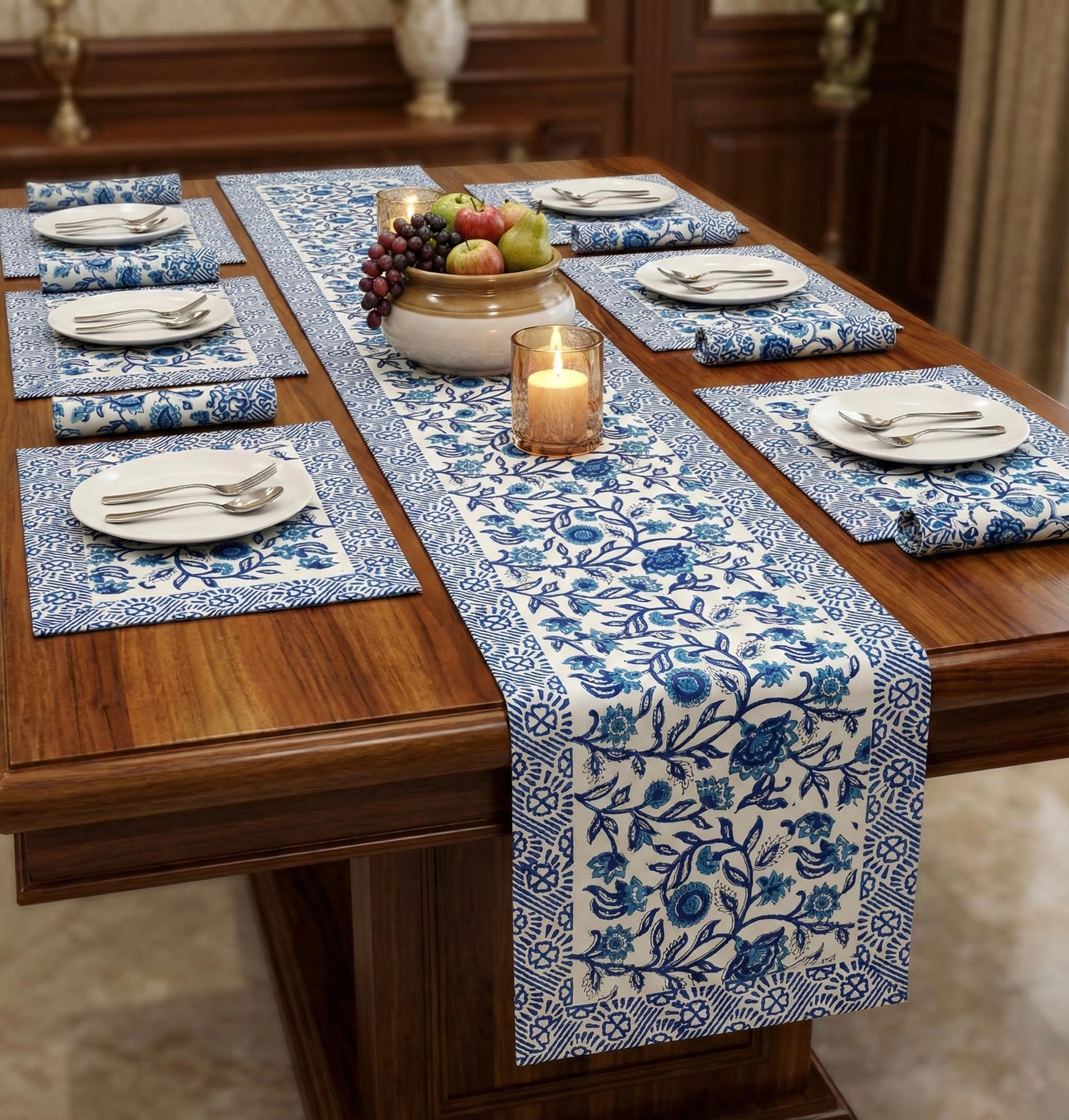 Pure cotton hand block printed placemats, runner and napkin combo for 6 seater dining table