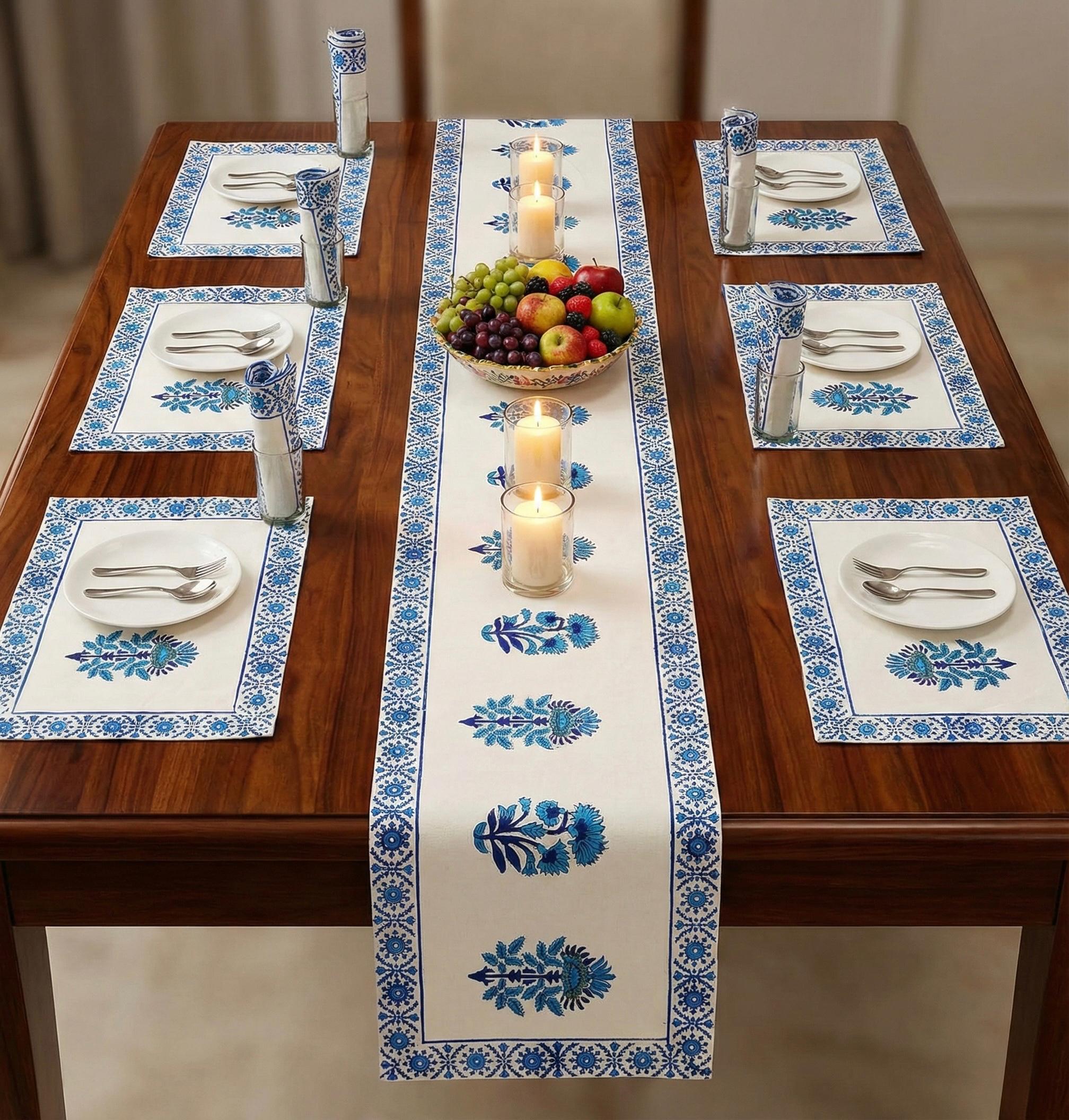 Pure cotton hand block printed placemats, runner and napkin combo for 6 seater dining table