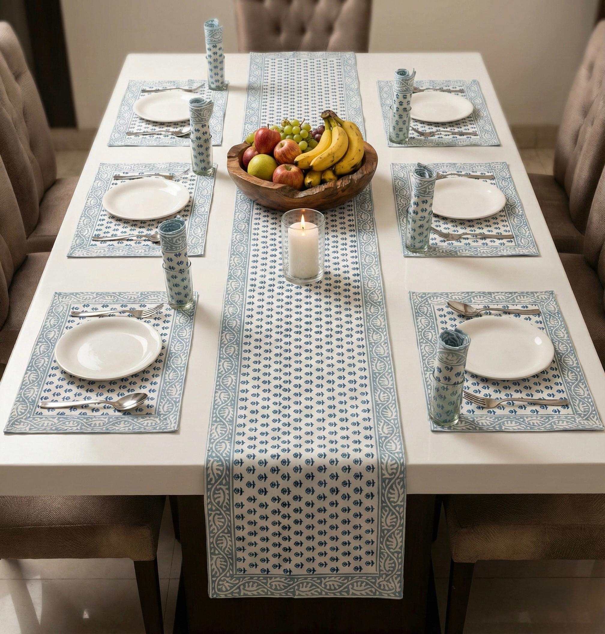 Pure cotton hand block printed placemats, runner and napkin combo for 6 seater dining table