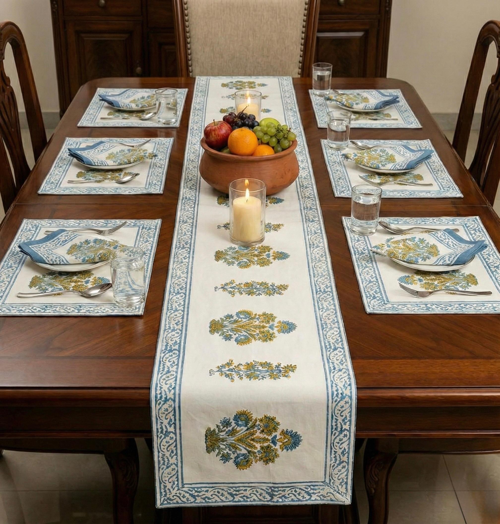 Pure cotton hand block printed placemats, runner and napkin combo for 6 seater dining table