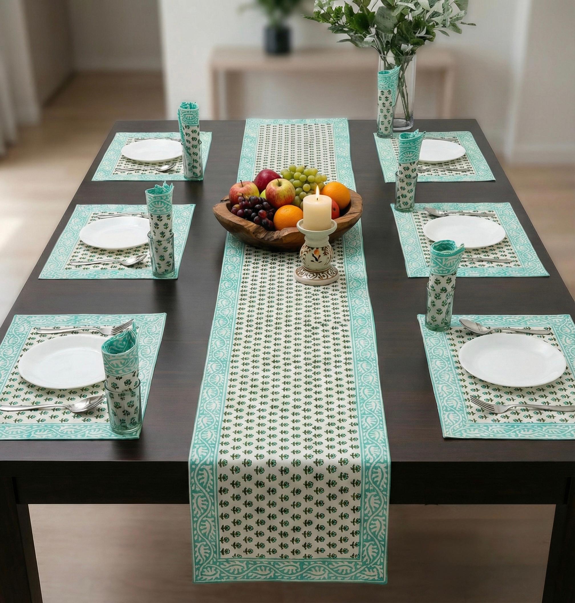 Pure cotton hand block printed placemats, runner and napkin combo for 6 seater dining table