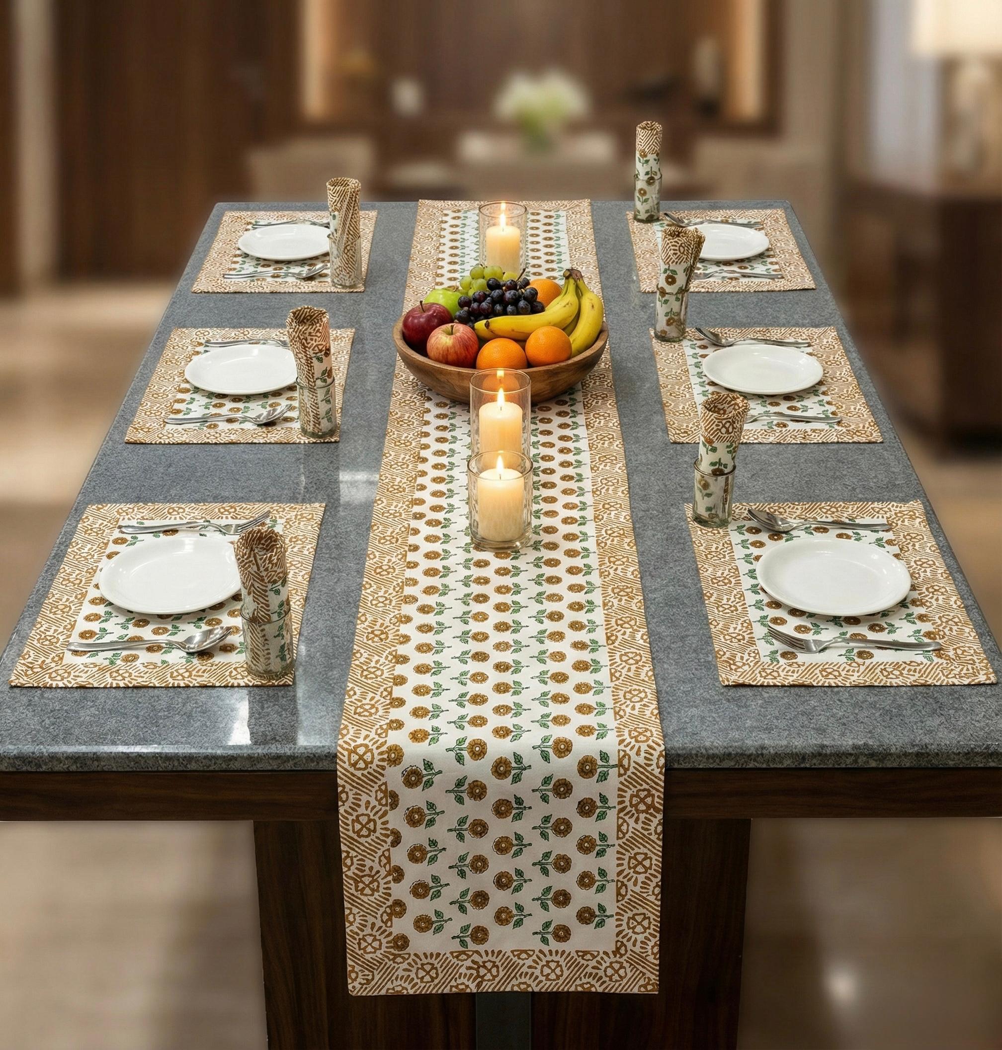 Pure cotton hand block printed placemats, runner and napkin combo for 6 seater dining table