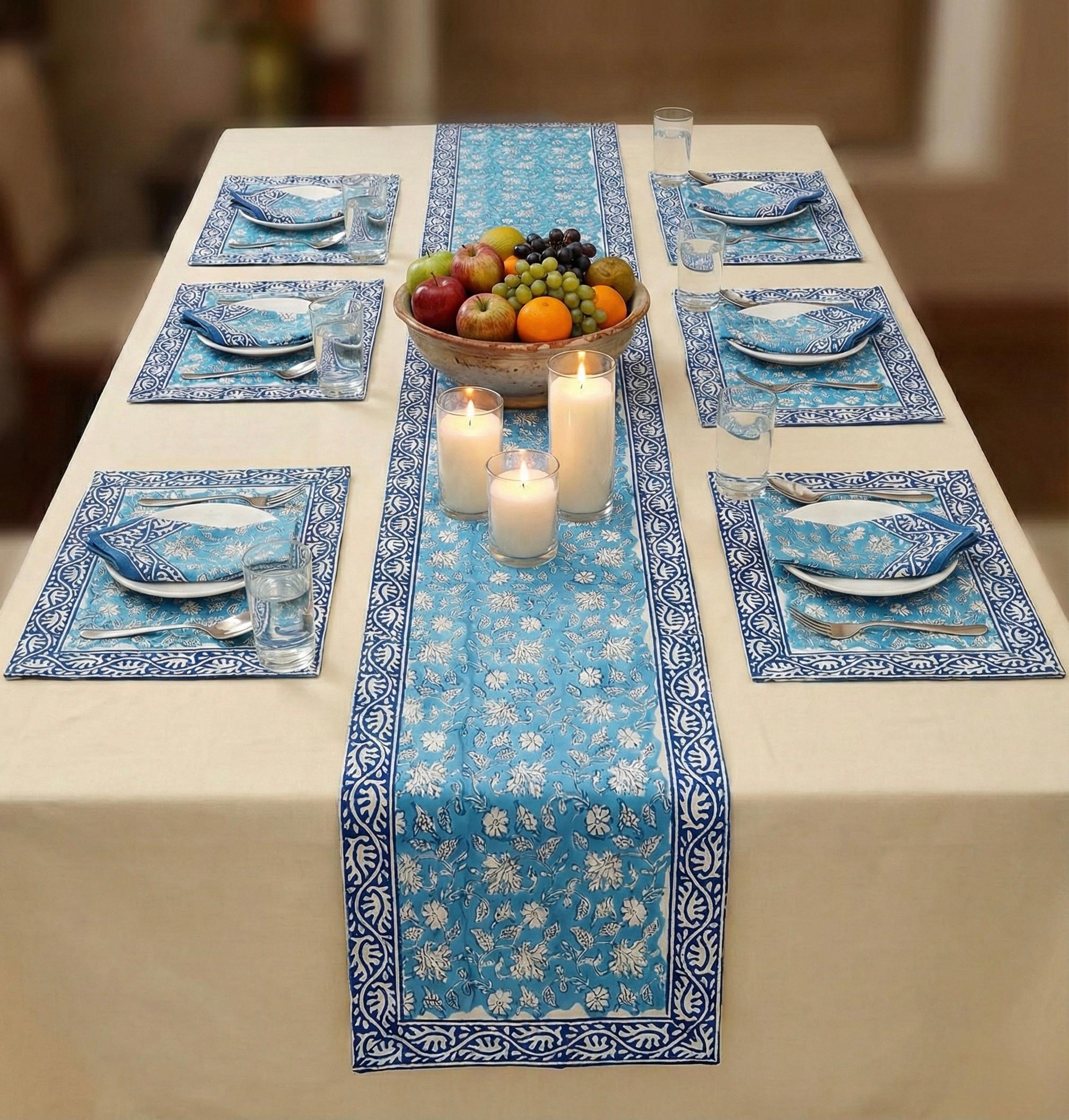 Pure cotton hand block printed placemats, runner and napkin combo for 6 seater dining table