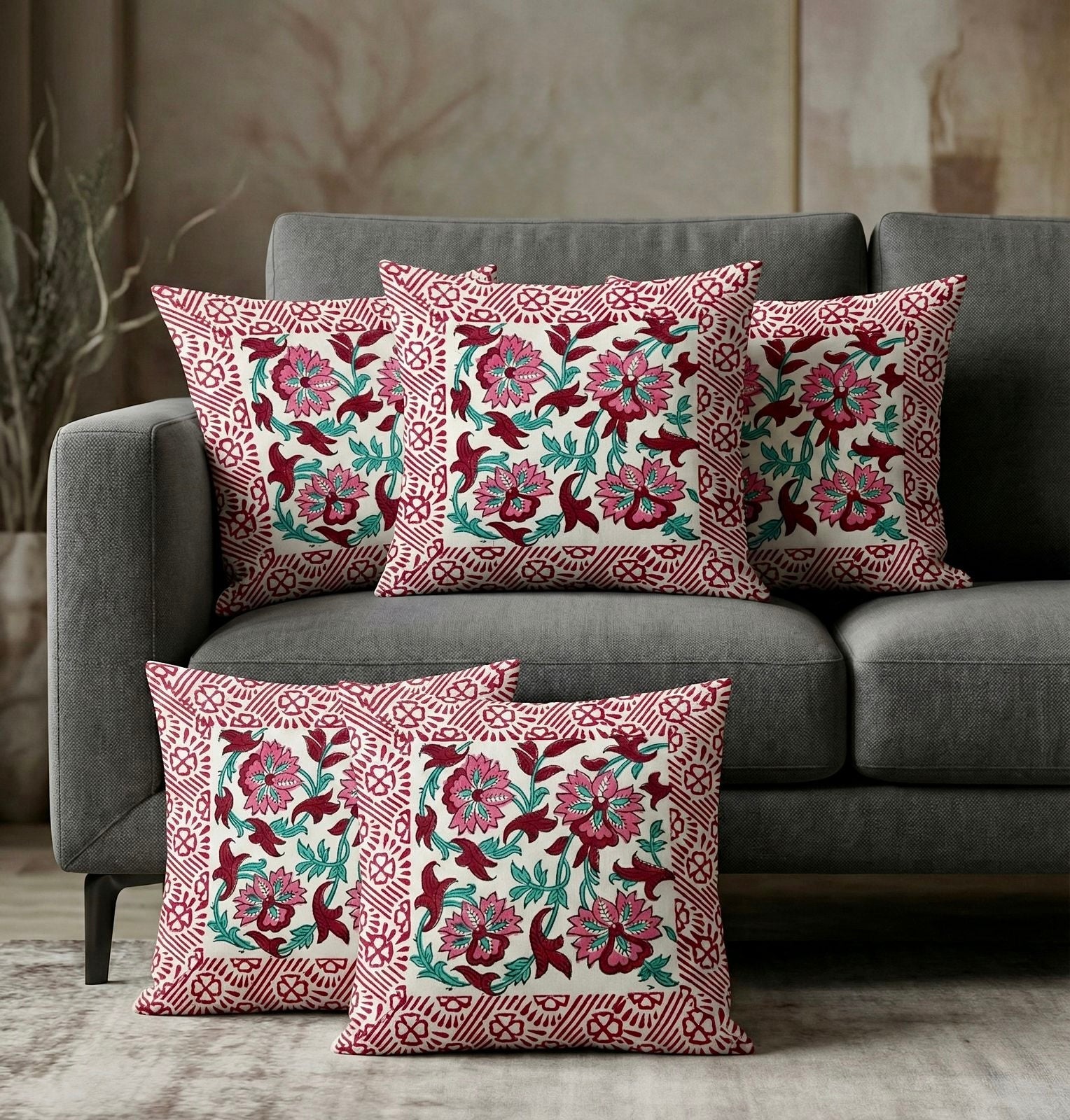Pure cotton hand-block printed set of 5 small cushion covers (12x12 inches)