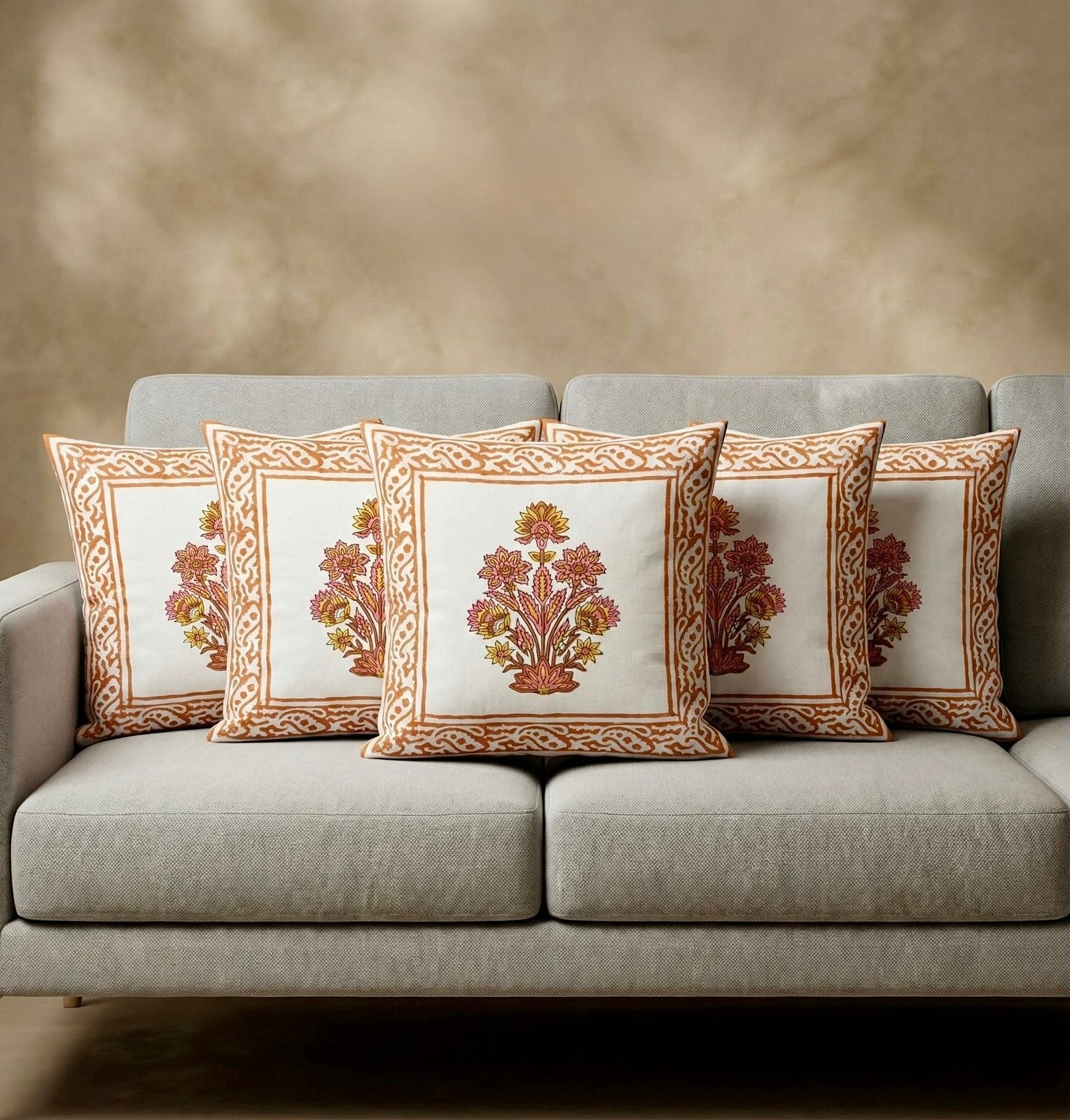 Pure cotton hand-block printed set of 5 small cushion covers (12x12 inches)
