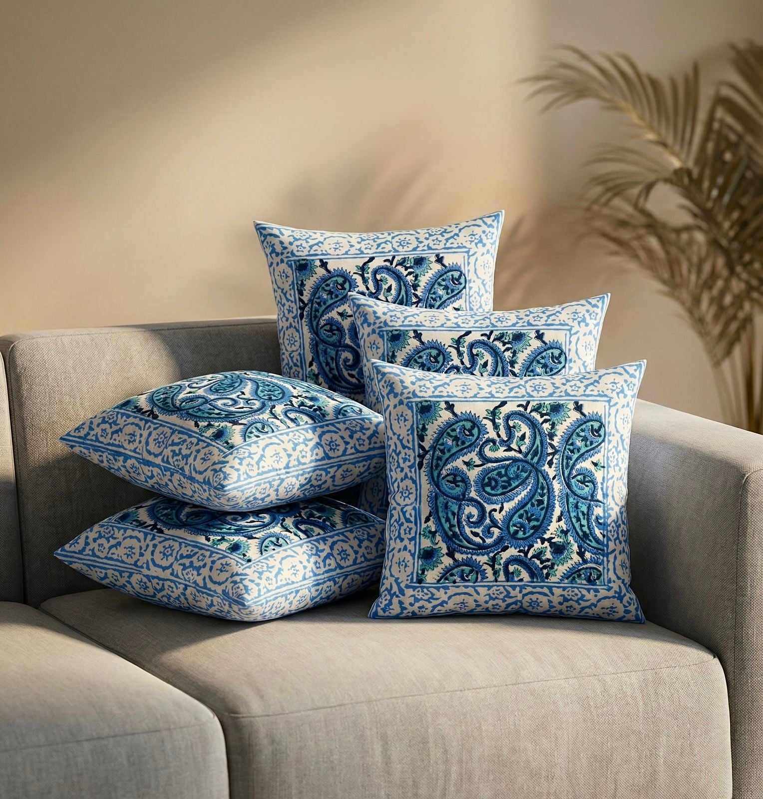Pure cotton hand-block printed set of 5 small cushion covers (12x12 inches)