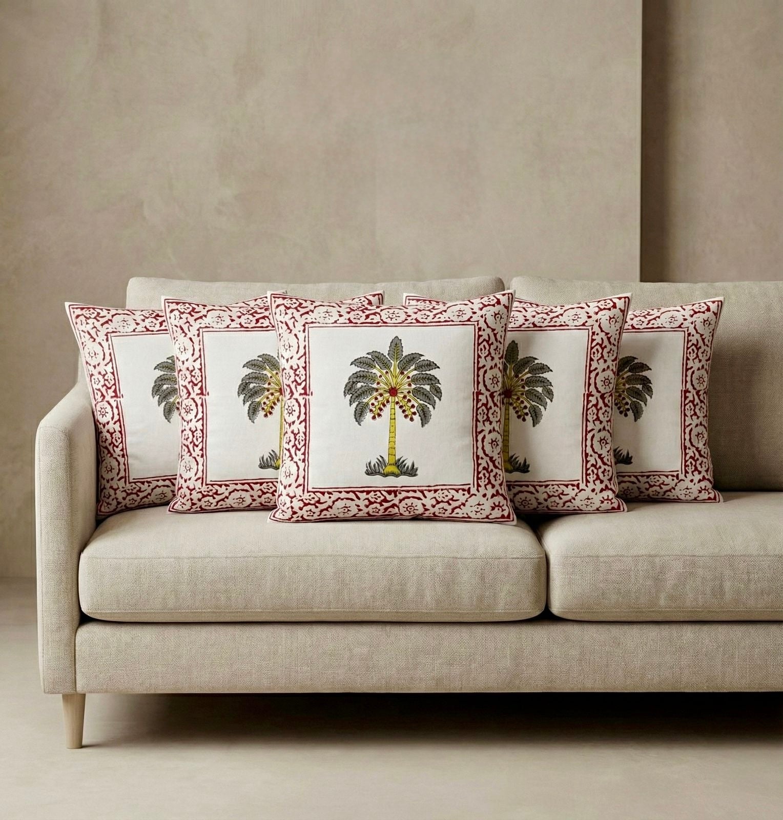 Pure cotton hand-block printed set of 5 small cushion covers (12x12 inches)