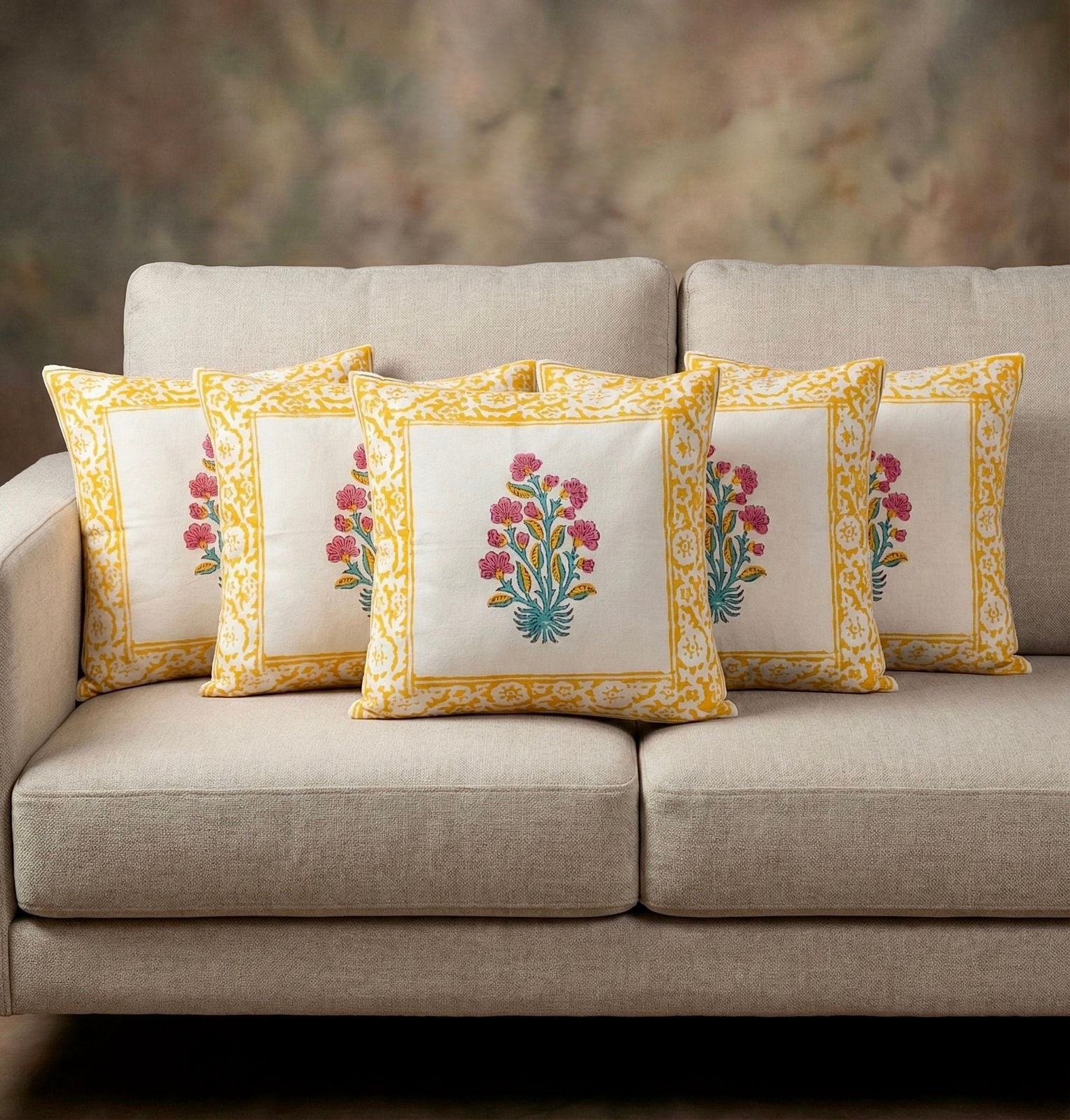 Pure cotton hand-block printed set of 5 small cushion covers (12x12 inches)