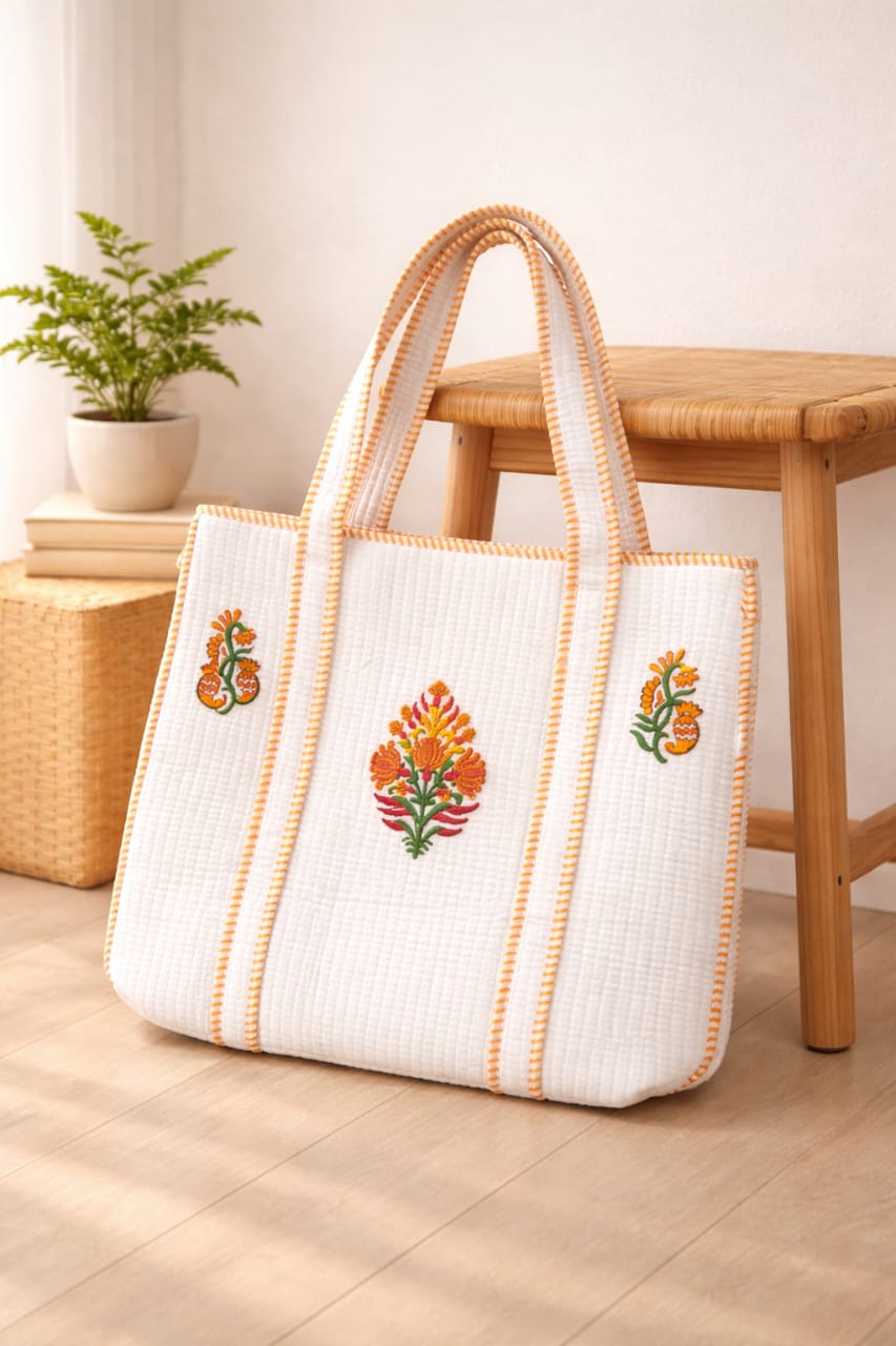 Pure cotton hand-block printed quilted tote bag (18x18 inches)