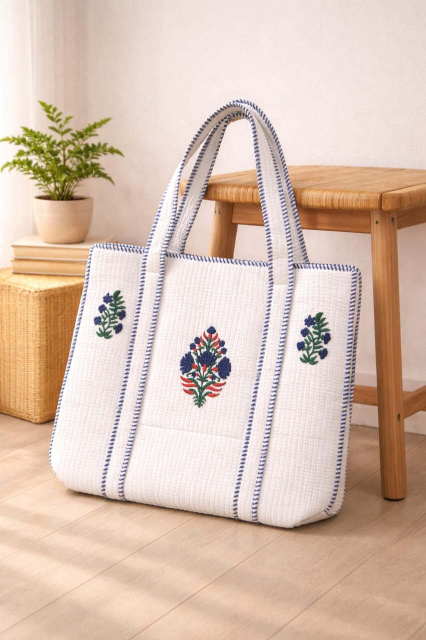 Pure cotton hand-block printed quilted tote bag (18x18 inches)