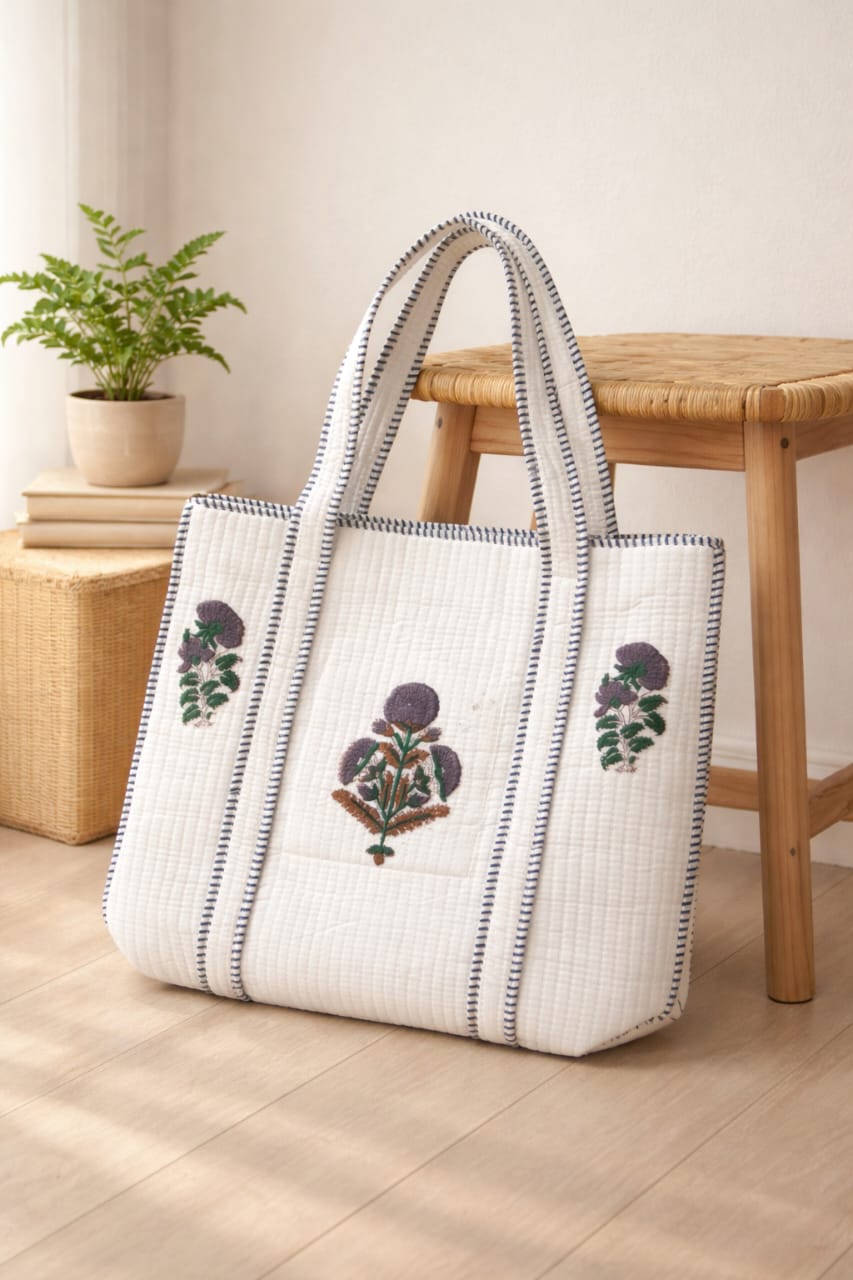 Pure cotton hand-block printed quilted tote bag (18x18 inches)