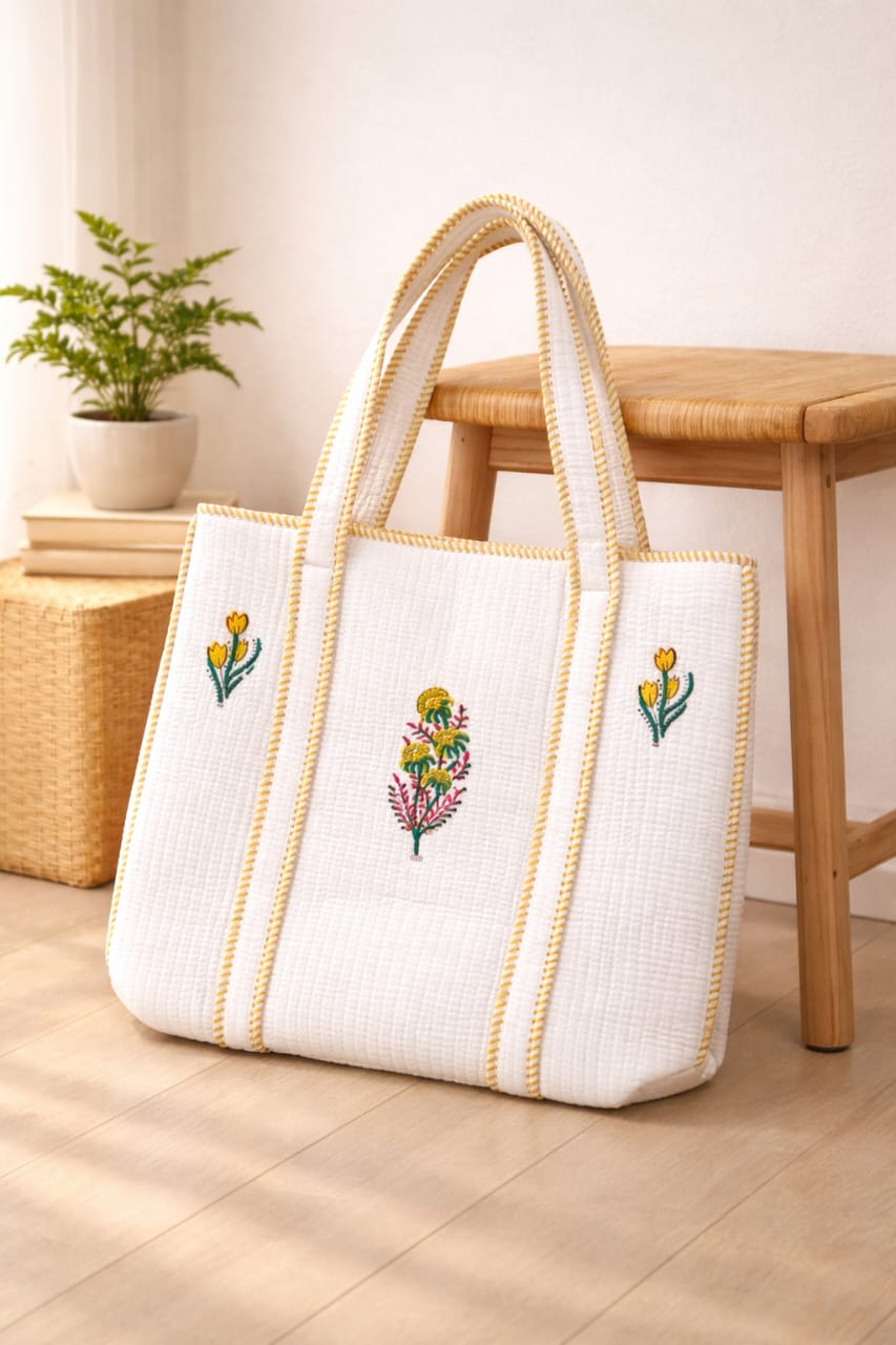 Pure cotton hand-block printed quilted tote bag (18x18 inches)