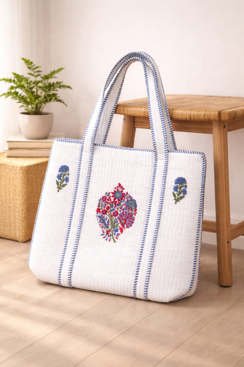 Pure cotton hand-block printed quilted tote bag (18x18 inches)