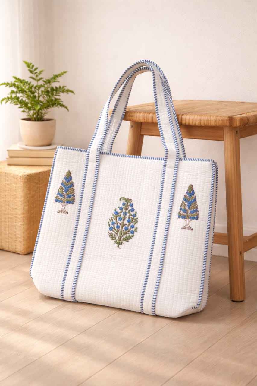 Pure cotton hand-block printed quilted tote bag (18x18 inches)