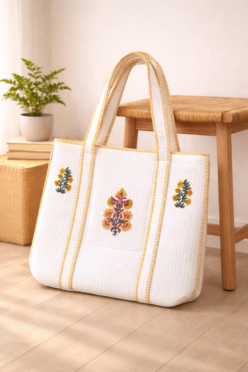 Pure cotton hand-block printed quilted tote bag (18x18 inches)